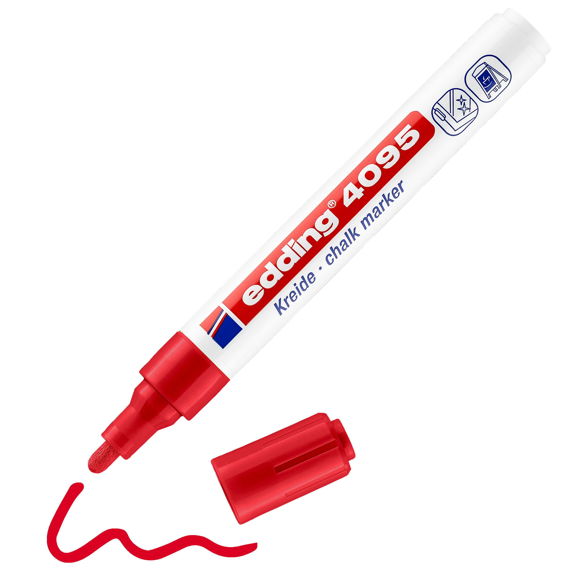 Ein roter edding 4095 Kreidemarker, offen und mit dem Markenetikett auf dem weißen Schaft, liegt neben einer wellenförmigen roten Linie, die er gezeichnet hat. Die Flüssigkreide ist rückstandslos abwischbar.