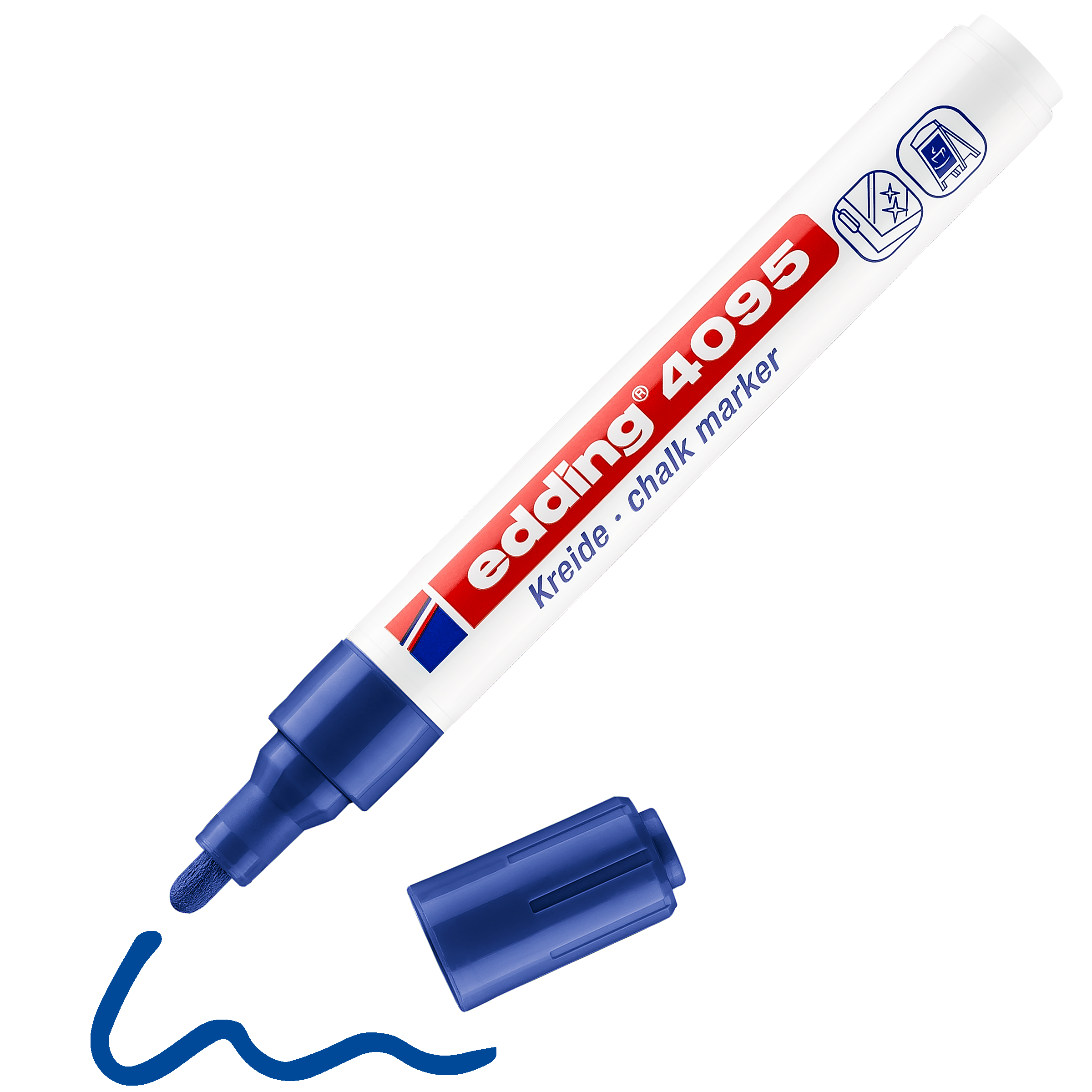 Ein blauer edding 4095 Kreidemarker von edding, ohne Kappe, liegt auf einem weißen Hintergrund mit einer wellenförmigen blauen Linie aus Flüssigkreide, die sich leicht abwischen lässt, ohne Rückstände zu hinterlassen.