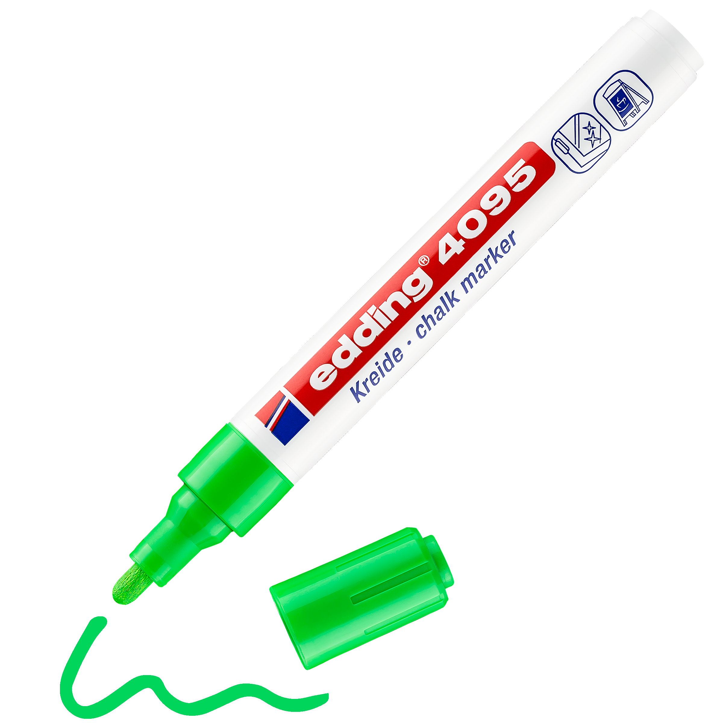 Ein grüner edding 4095 Kreidemarker ohne Kappe zeigt die Spitze und darunter einen grünen Schnörkel. Der Marker enthält Flüssigkreide und verfügt über blau-roten Text und Symbole auf weißem Schaft. Marke: edding.