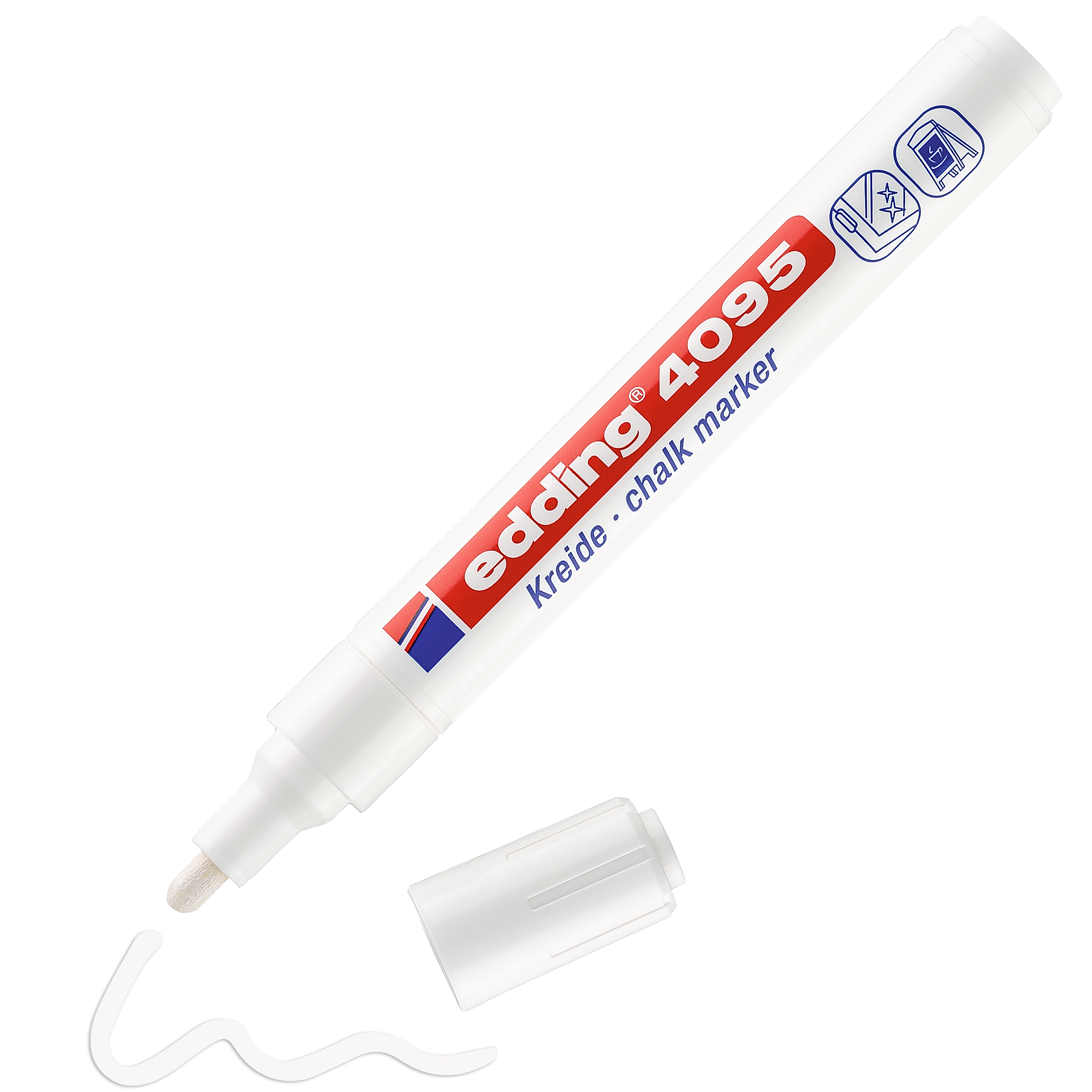 Der edding 4095 Kreidemarker zeichnet mit abgenommener Kappe eine weiße Wellenlinie. Der Marker verfügt über eine rot-blau-weiße Beschriftung in Deutsch und Englisch und enthält rückstandslos abwischbare Flüssigkreide. Marke: edding.