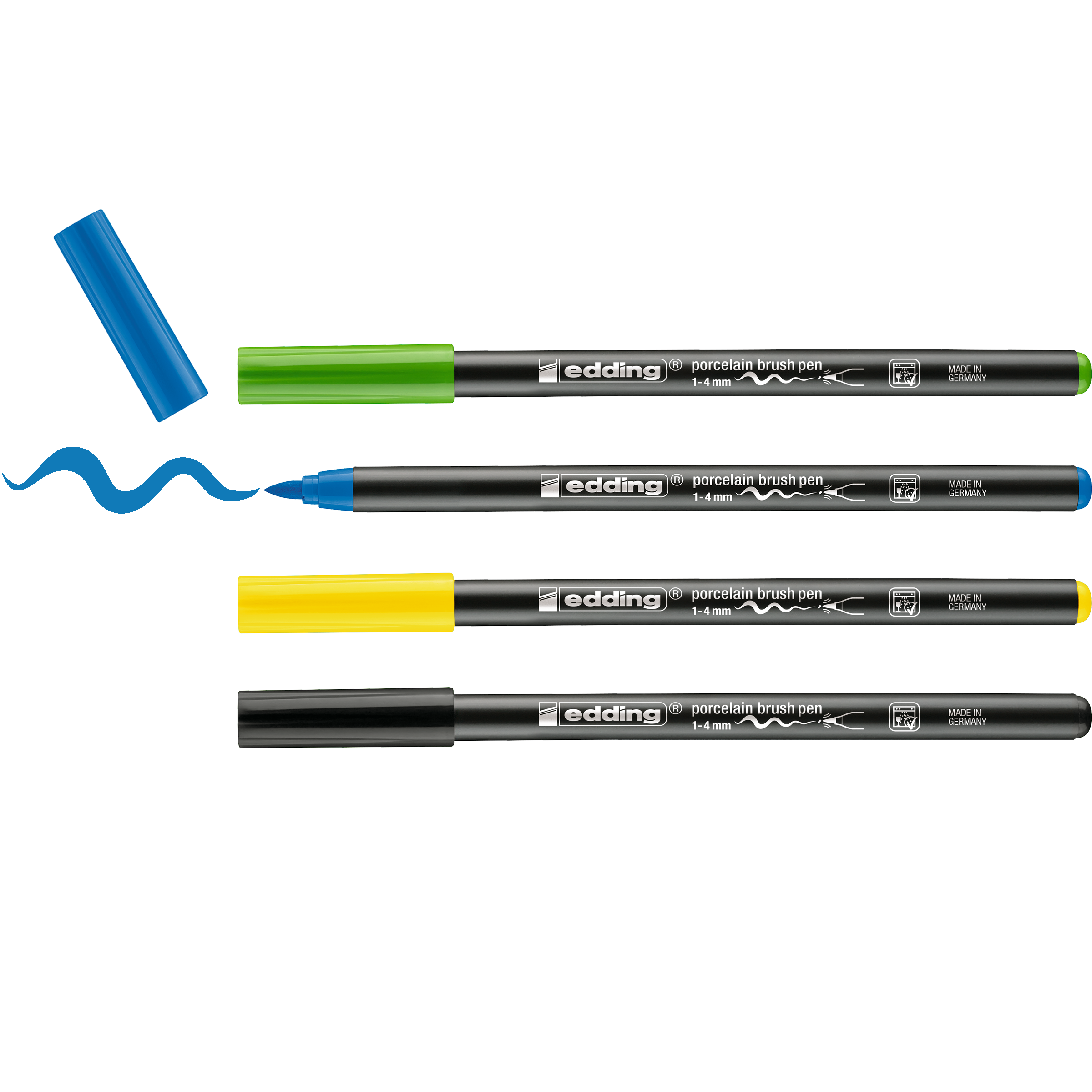 Abgebildet sind vier edding 4200 Porzellanpinselstifte mit blauer, grüner, gelber und schwarzer Kappe; der blaue Stift ohne Kappe zeichnet eine Wellenlinie. Die edding Stifte sind spülmaschinenfest und ideal für kreative Keramikmalerei.