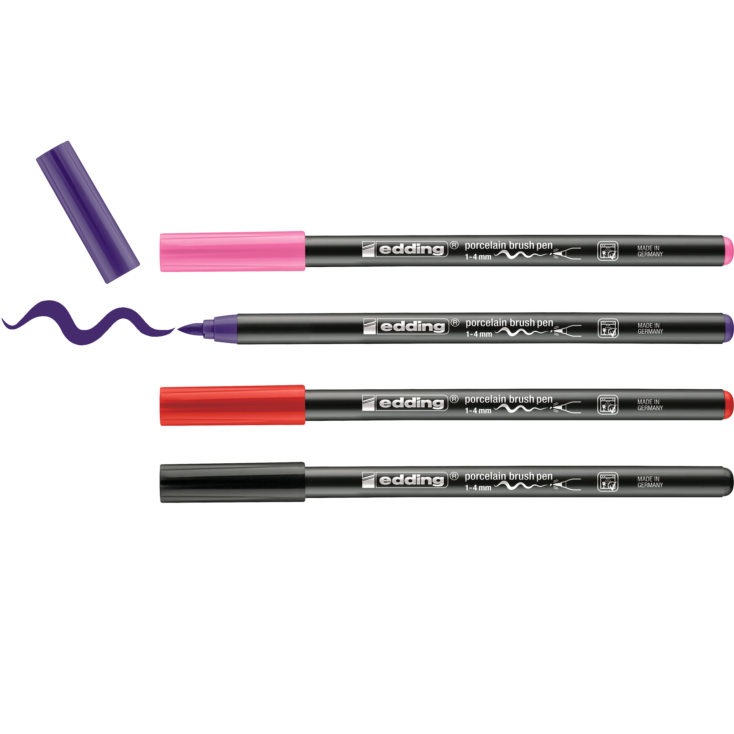 Das edding 4200 Porzellanpinselstift 4er-Set von edding enthält horizontal angeordnete Pinselstifte in Lila, Rosa, Rot und Schwarz; der violette Stift ohne Kappe weist eine Wellenlinie auf – perfekt zum Bemalen von Keramik und für spülmaschinenfeste Designs.