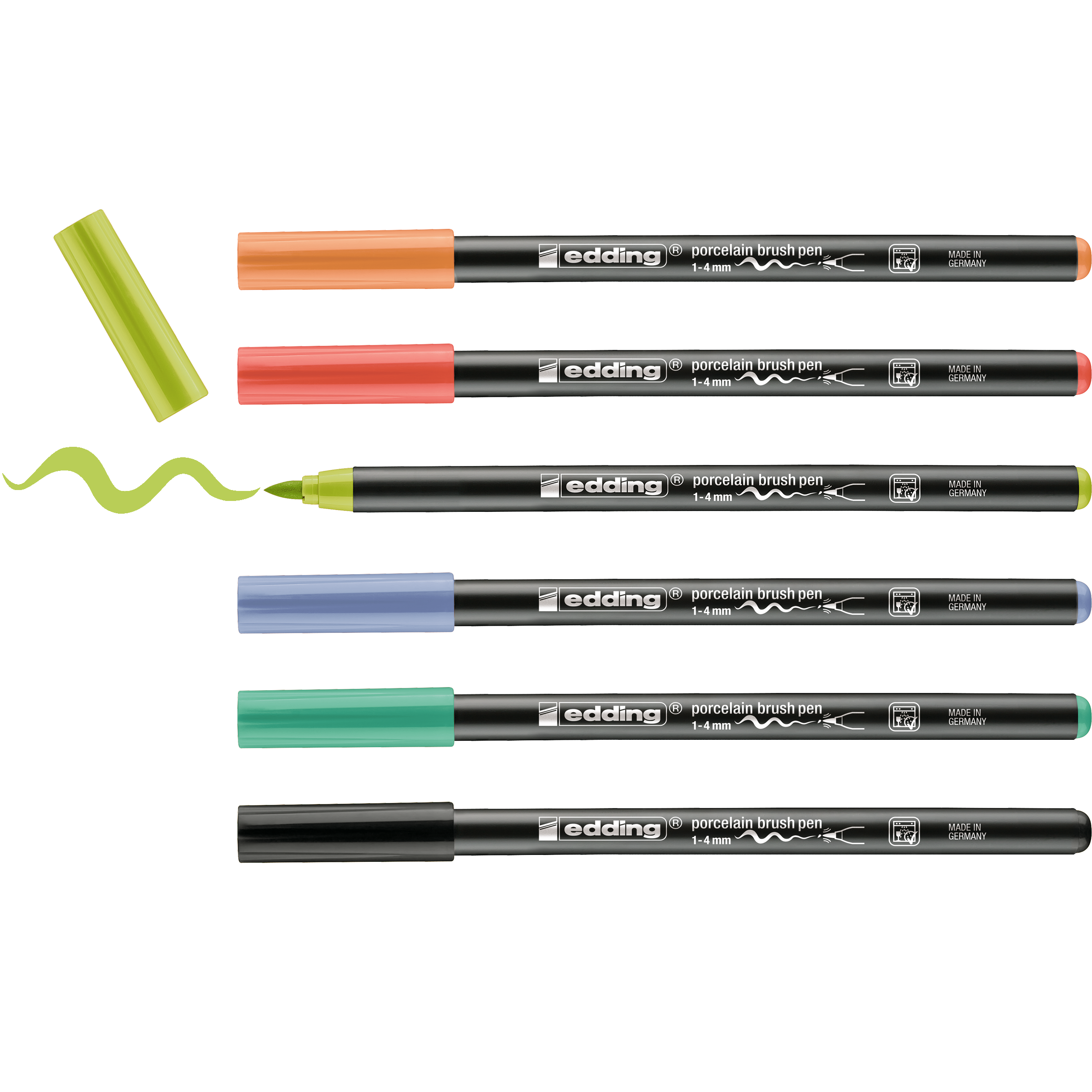 Sechs edding 4200 Porzellanpinselstifte aus dem 6er-Set von edding werden horizontal gezeigt. Der grüne Stift ohne Kappe zeichnet eine wellenförmige Linie, ideal zum Malen auf Keramik. Die anderen Stifte bleiben sauber verschlossen.