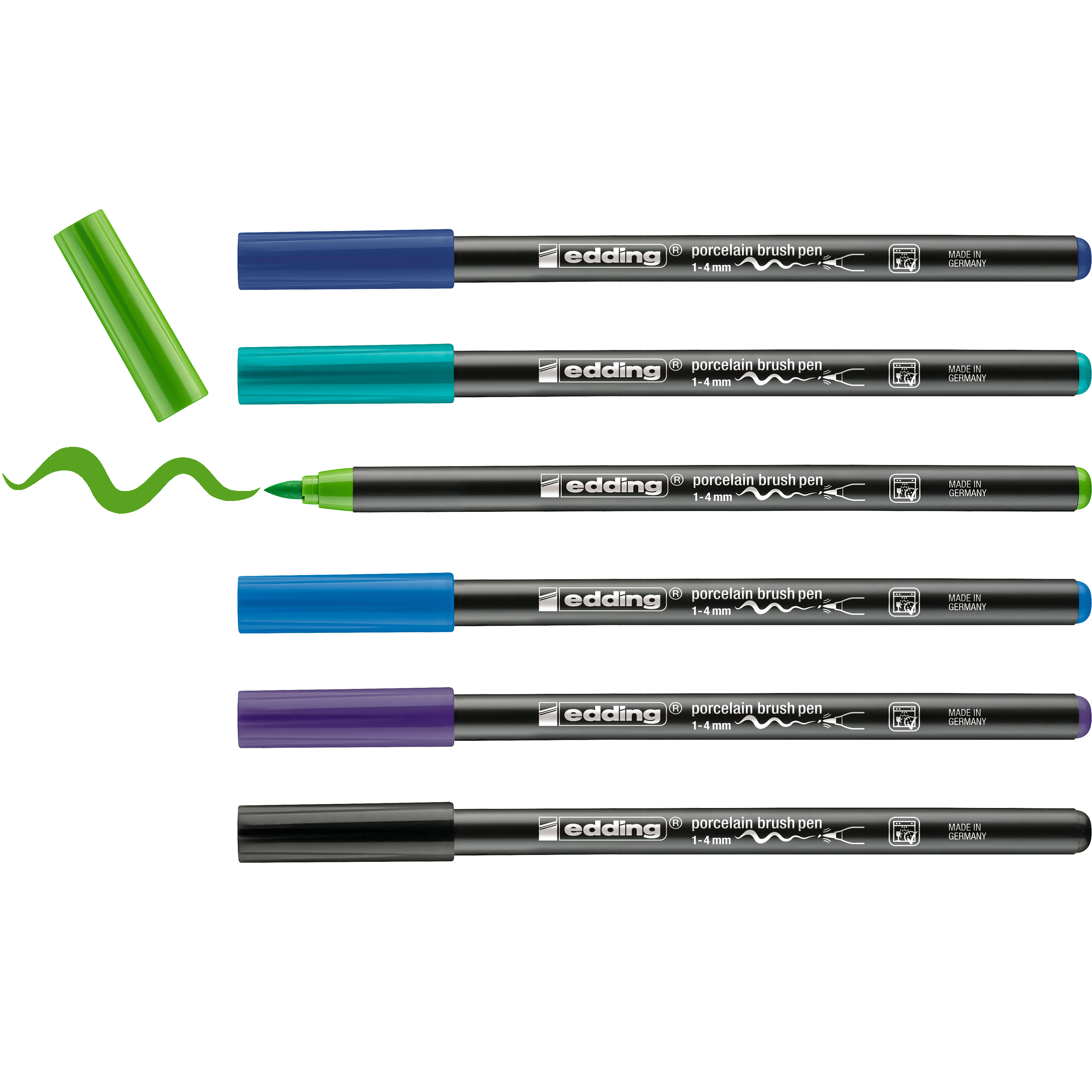 Sechs edding 4200 Porzellanpinselstifte von edding, jeweils mit schwarzem Schaft und unterschiedlich farbiger Kappe und Spitze, sind horizontal angeordnet; der grüne Stift ohne Kappe zeichnet eine Wellenlinie – ideal zum Keramikbemalen.