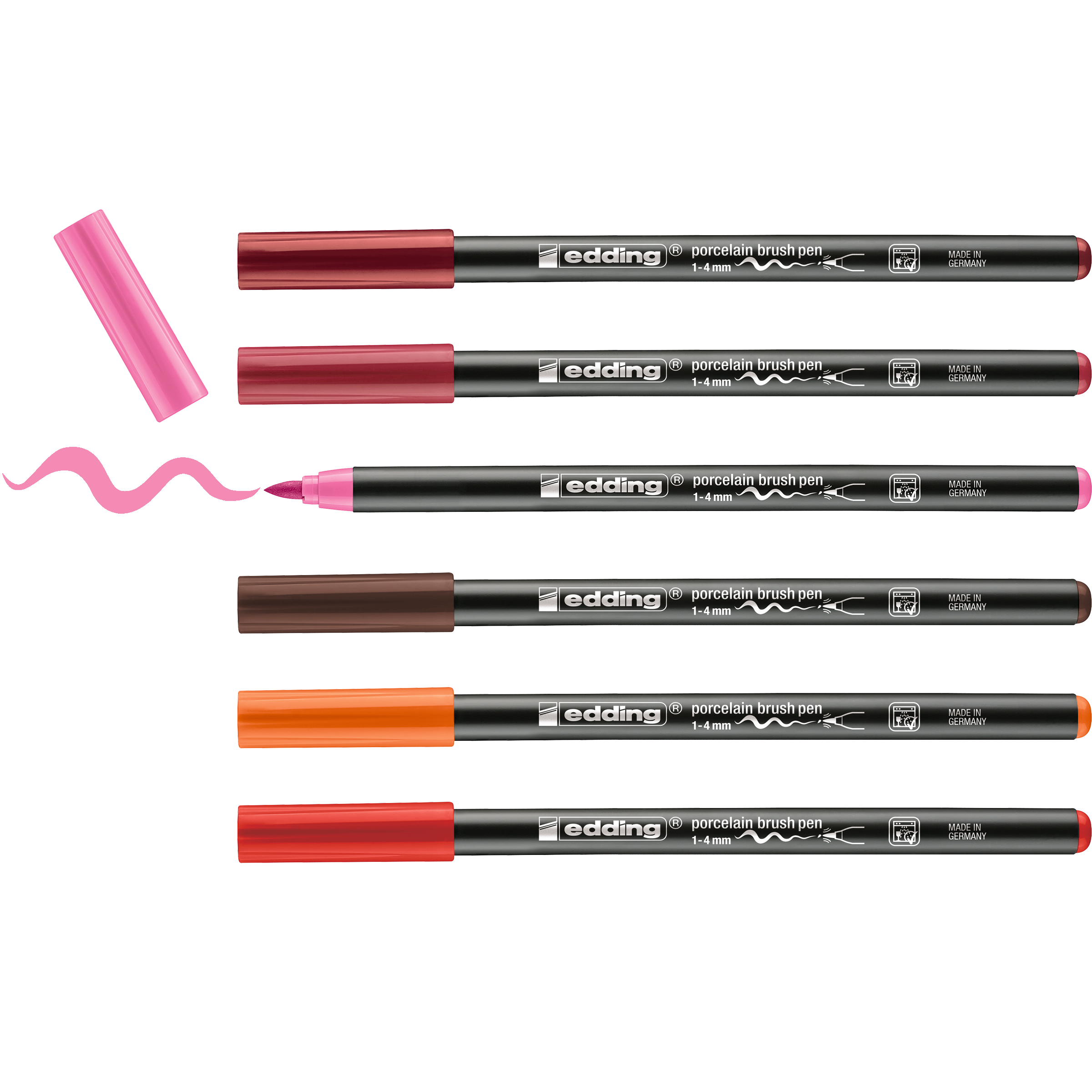 Das edding 4200 Porzellanpinselstift 6er-Set von edding ist in verschiedenen Farben horizontal angeordnet, wobei ein rosa Stift ohne Kappe eine Wellenlinie zeichnet. Ideal zum Dekorieren von Keramik, die anderen fünf Stifte bleiben mit Kappen versehen.