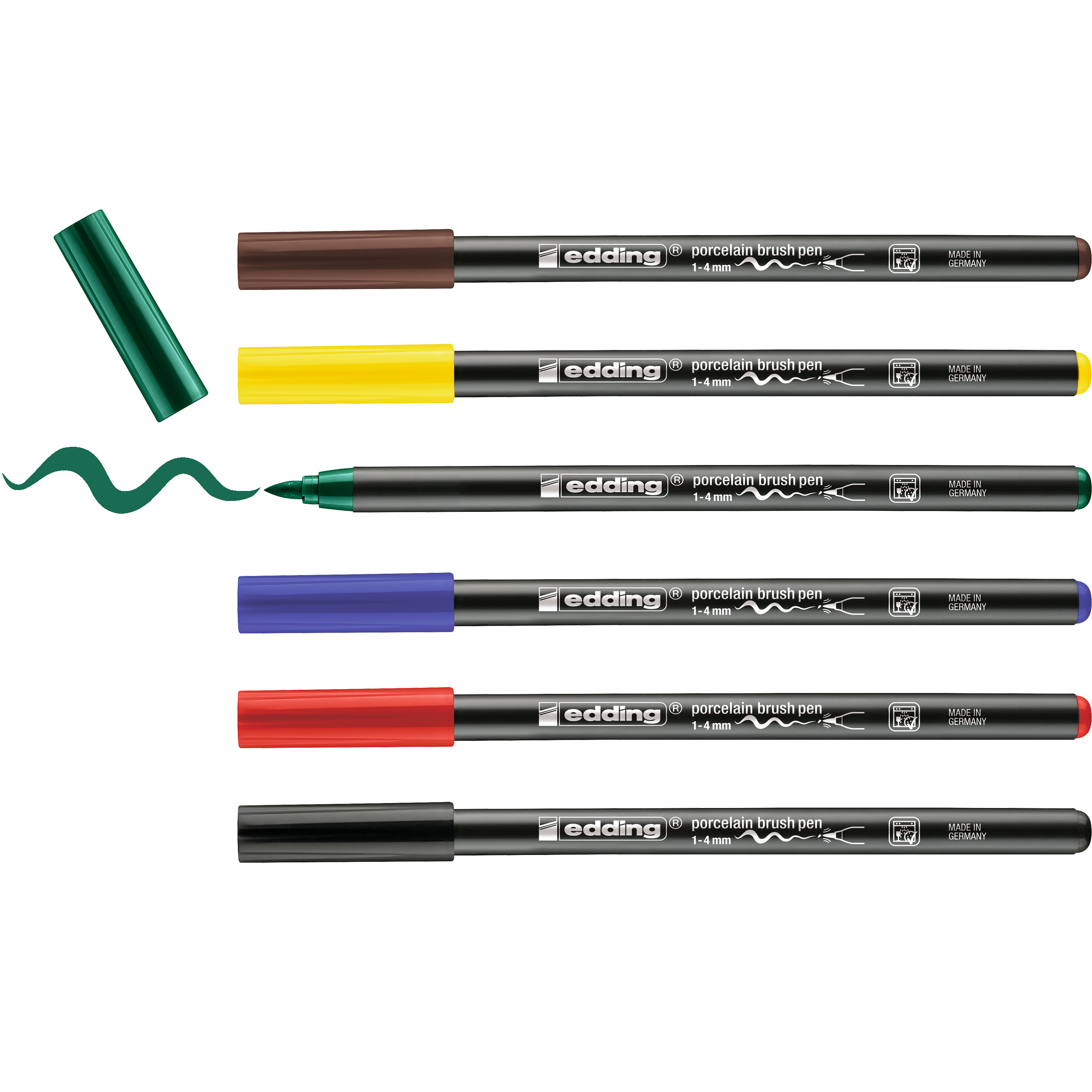 Das edding 4200 Porzellanpinselstift 6er-Set von edding zeigt sechs Stifte ohne Kappe in den Farben Braun, Gelb, Grün, Blau, Schwarz und Rot, die horizontal angeordnet sind. Der grüne Stift zeichnet eine Wellenlinie, die Kappe liegt oben. Ideal zum Bemalen von Keramik.