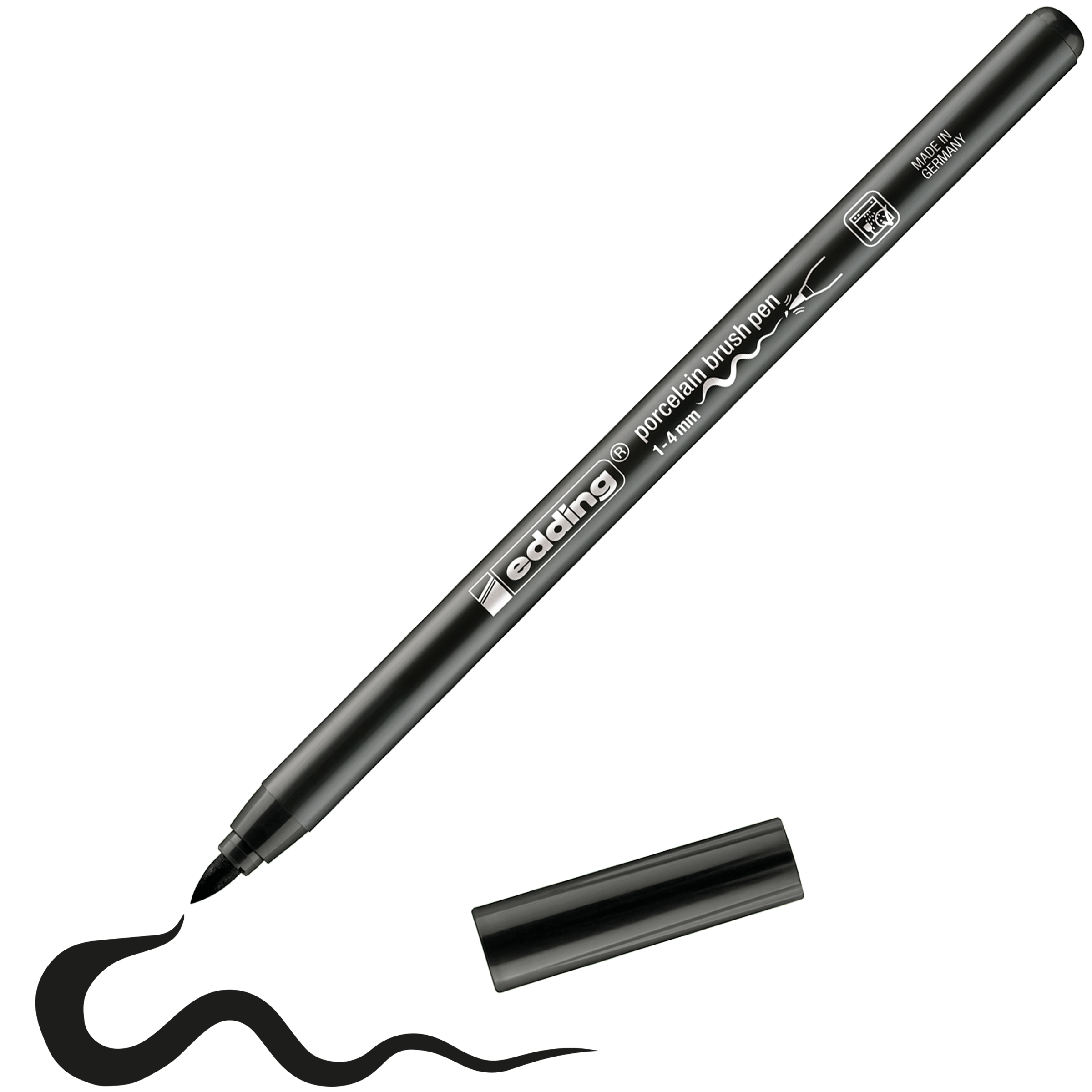 Ein edding 4200 Porzellanpinselstift von edding, ohne Kappe und neben einer gewellten schwarzen Linie liegend – ideal zum Dekorieren von Keramik und Porzellan mit spülmaschinenfesten Motiven.