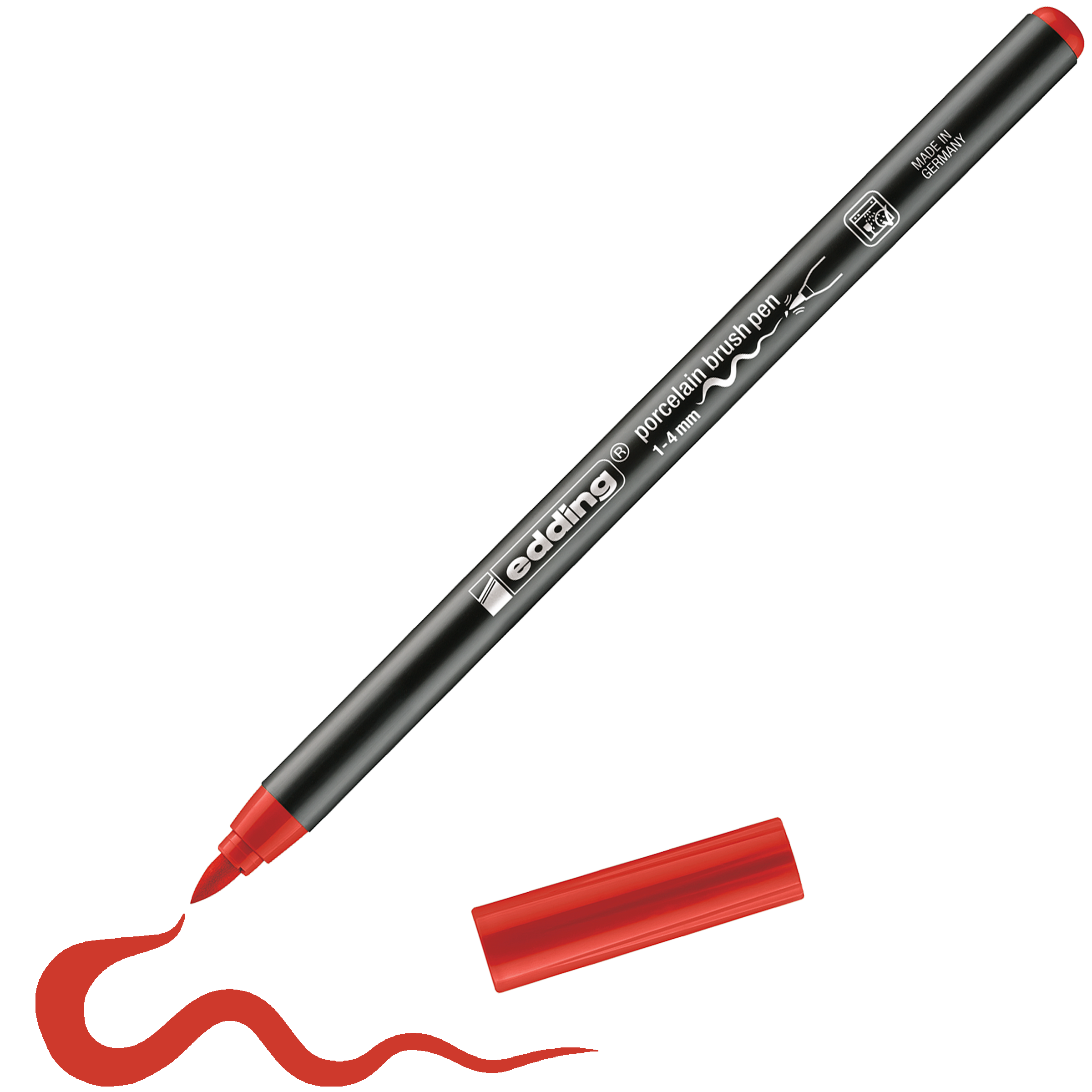Ein schwarz-roter edding 4200 Porzellanpinselstift zeichnet mit abgenommener roter Kappe eine wellenförmige rote Linie. Dieser edding-Stift ist ideal zum Bemalen von Keramik und Porzellan. Er ist spülmaschinenfest und liegt diagonal, während die Kappe in der Nähe liegt.