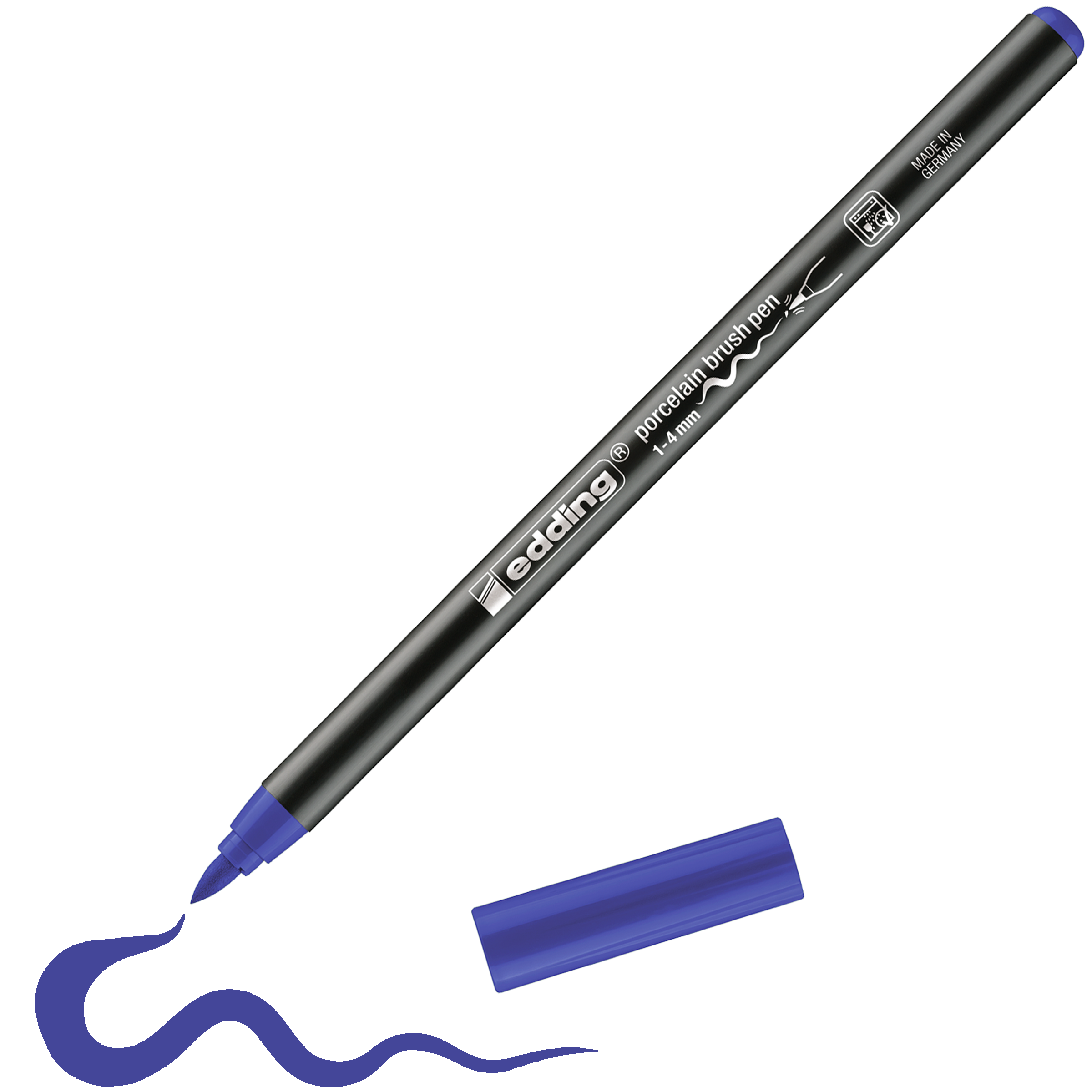 Ein edding 4200 Porzellanpinselstift (blau) von edding, ohne Kappe, zeichnet eine Wellenlinie auf Weiß. Ideal zum Dekorieren von Keramik und Porzellan. Das Motiv bleibt nach dem Einbrennen spülmaschinenfest.