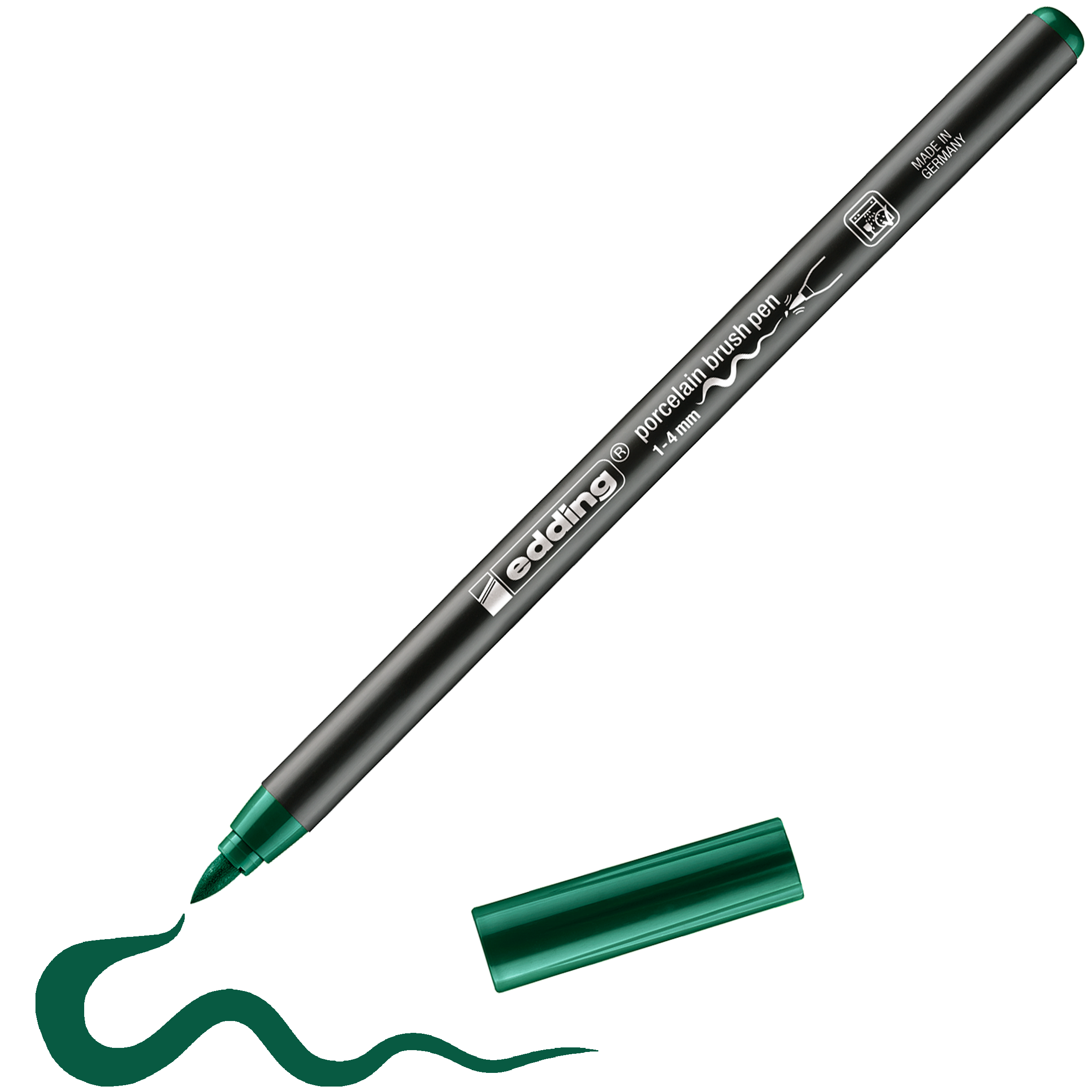 Neben einer grünen Wellenlinie liegt ein grüner edding 4200 Porzellanpinselstift ohne Kappe; der schwarze Schaft mit silber-weißer Beschriftung von edding eignet sich perfekt zum Dekorieren von Keramik und Porzellan und ist spülmaschinenfest.