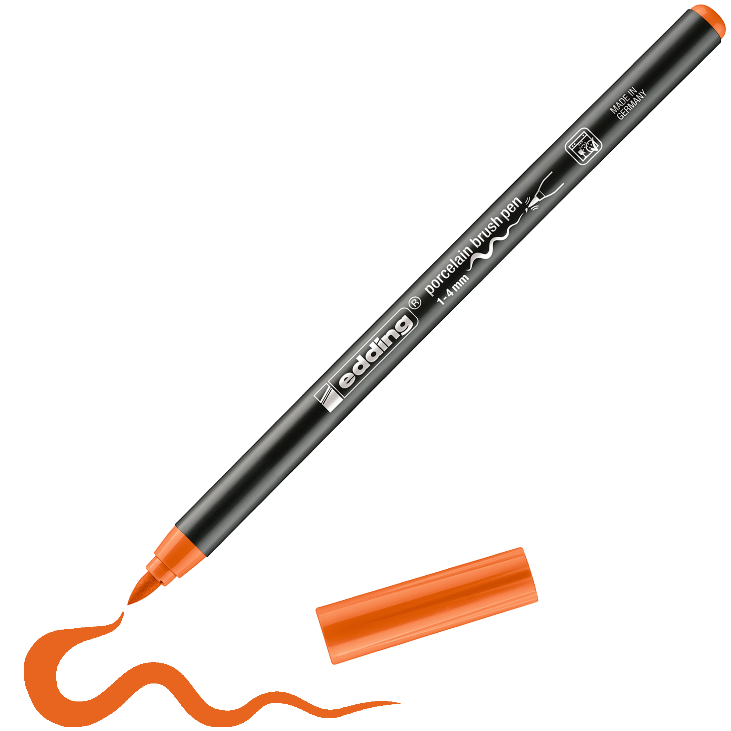 Ein orangefarbener edding 4200 Porzellanpinselstift zeichnet ohne Kappe eine wellenförmige orange Linie. Der schwarze Stift trägt den silber-weißen Schriftzug „edding porcelain brush pen“. Ideal zum Bemalen von Keramik und Porzellan und spülmaschinenfest.