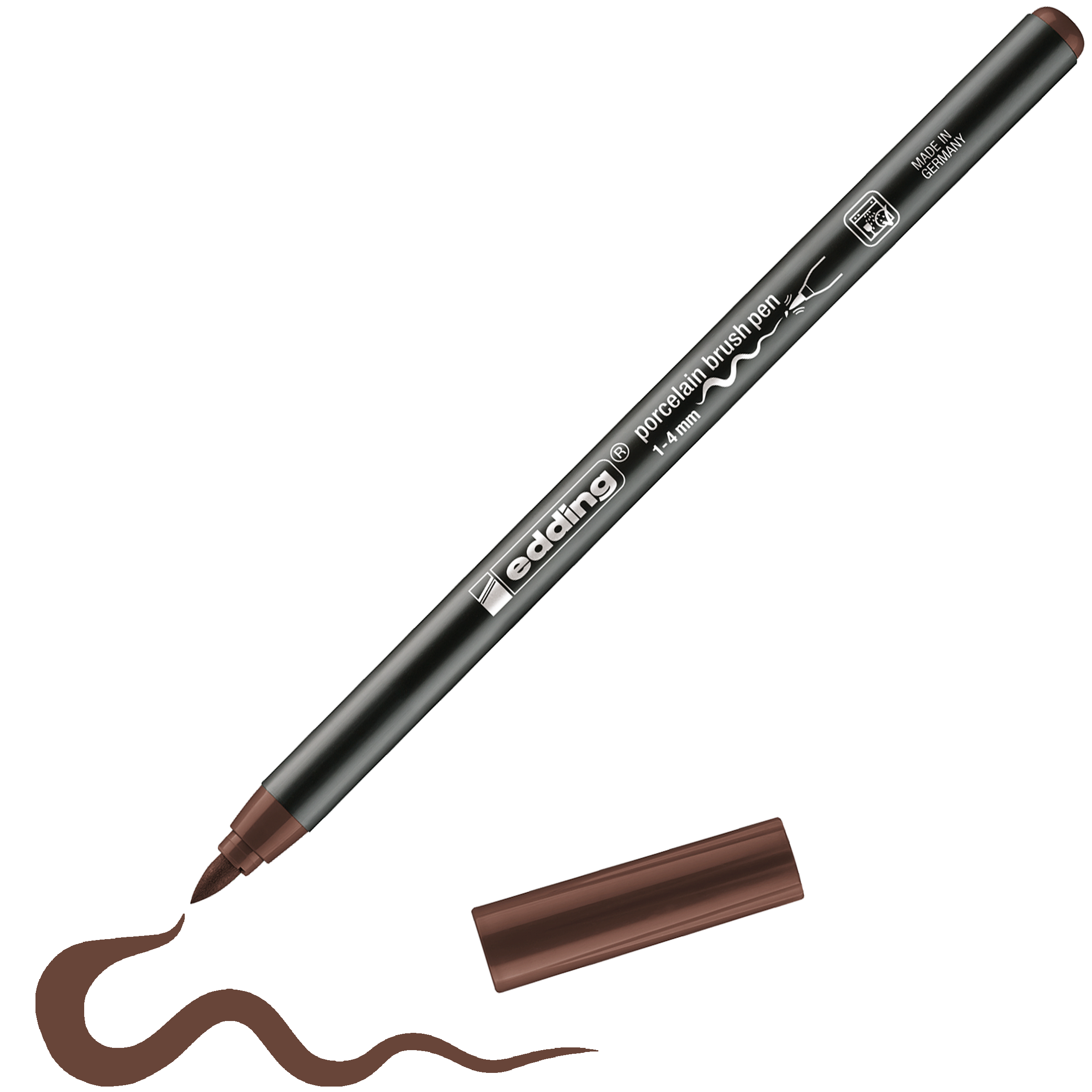 Ein brauner edding 4200 Porzellanpinselstift ohne Kappe liegt neben einer wellenförmigen braunen Linie. Dieser edding Stift eignet sich perfekt zum Dekorieren von Keramik und Porzellan und ist spülmaschinenfest für langlebige Designs.