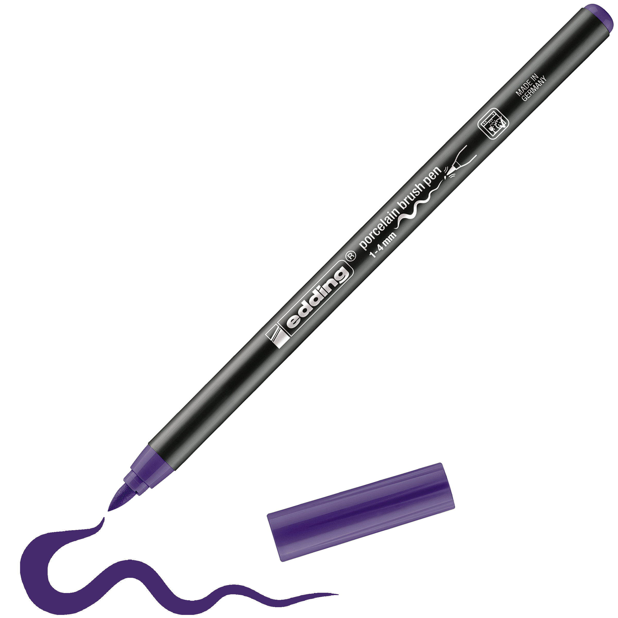 Ein edding 4200 Porzellanpinselstift von edding, abgebildet ohne Kappe, zeichnet eine gewellte violette Linie auf Weiß – perfekt zum Dekorieren von Keramik und Porzellan und außerdem spülmaschinenfest für langlebige Designs.