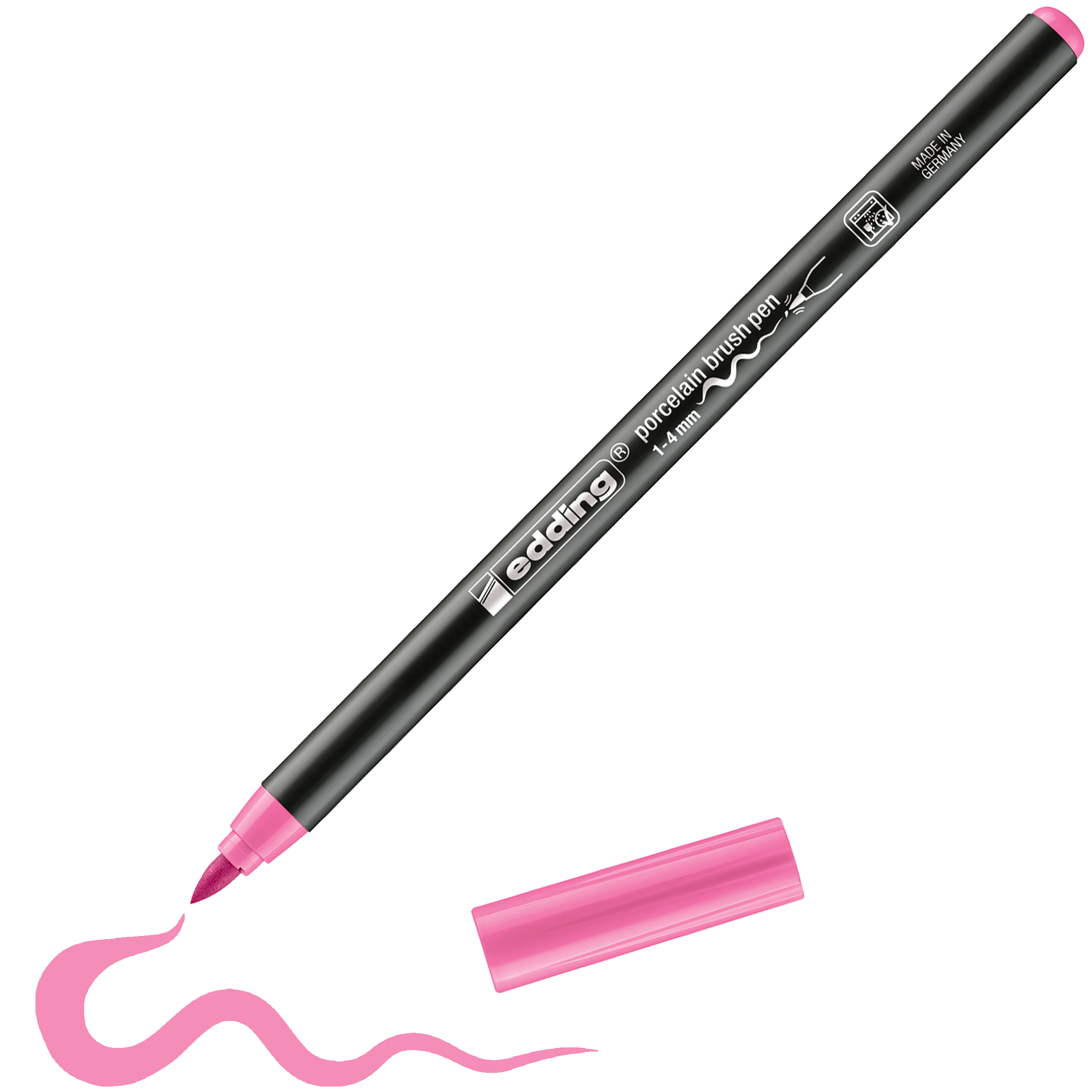 Der edding 4200 Porzellanpinselstift von edding mit pinker Kappe und Spitze liegt neben der abgenommenen Kappe und zieht eine wellige pinke Linie – perfekt zum Bemalen von Keramik und Porzellan. Spülmaschinenfest.