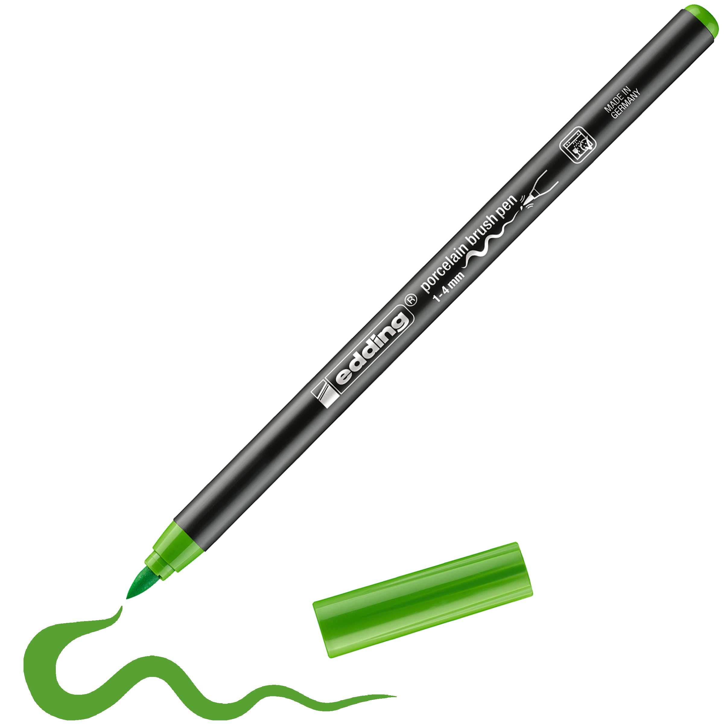 Ein edding 4200 Porzellanpinselstift von edding, schwarz und grün, zeichnet ohne Kappe eine grüne Wellenlinie. Ideal für Keramik und Porzellan; die Kappe liegt neben dem Stift.