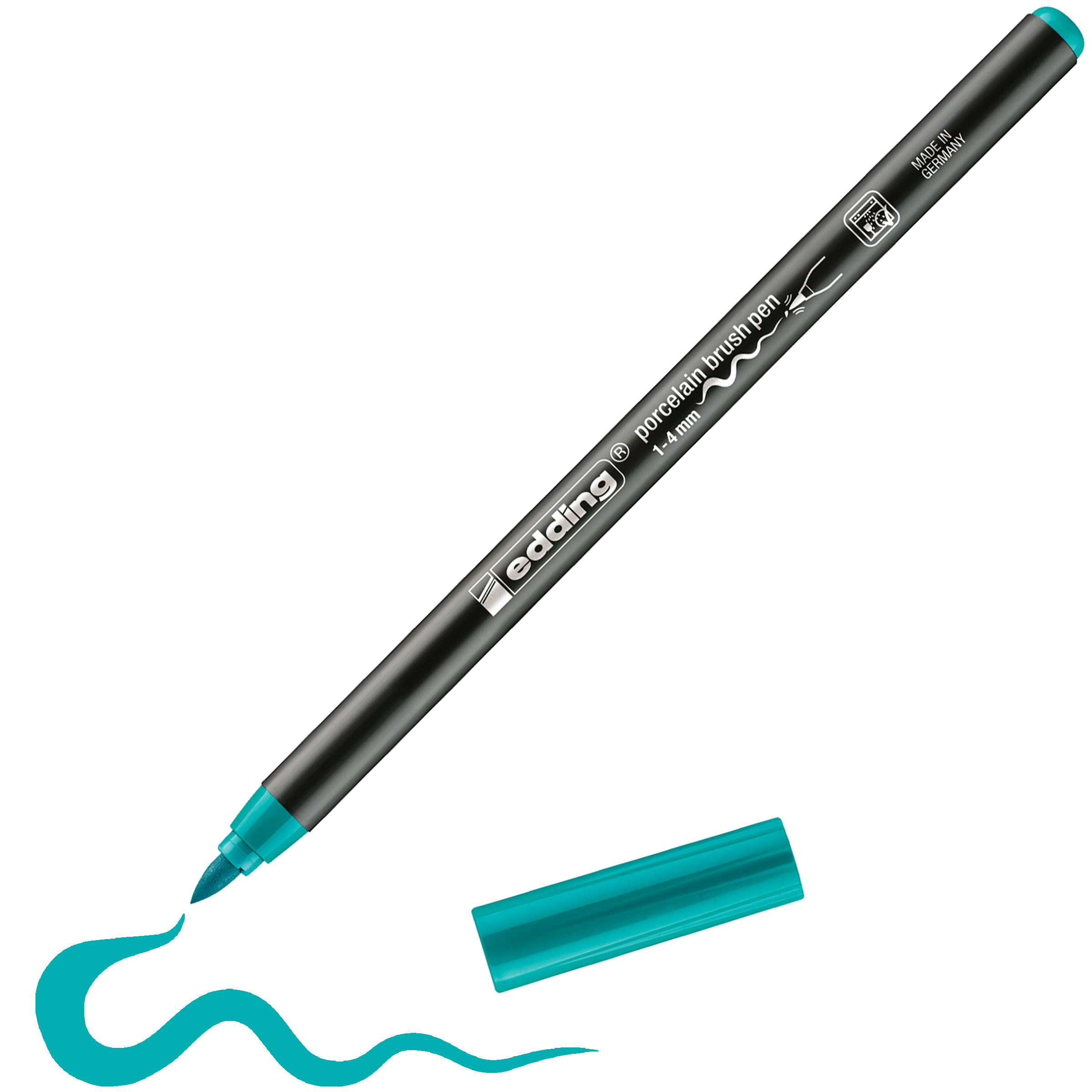 Ein türkisfarbener edding 4200 Porzellanpinselstift zeichnet mit abgenommener Kappe eine wellenförmige Linie. Dieser spülmaschinenfeste Pinselstift (1-4 mm) von edding ist mit aufgesetzter Kappe perfekt für Keramik und Porzellan geeignet.