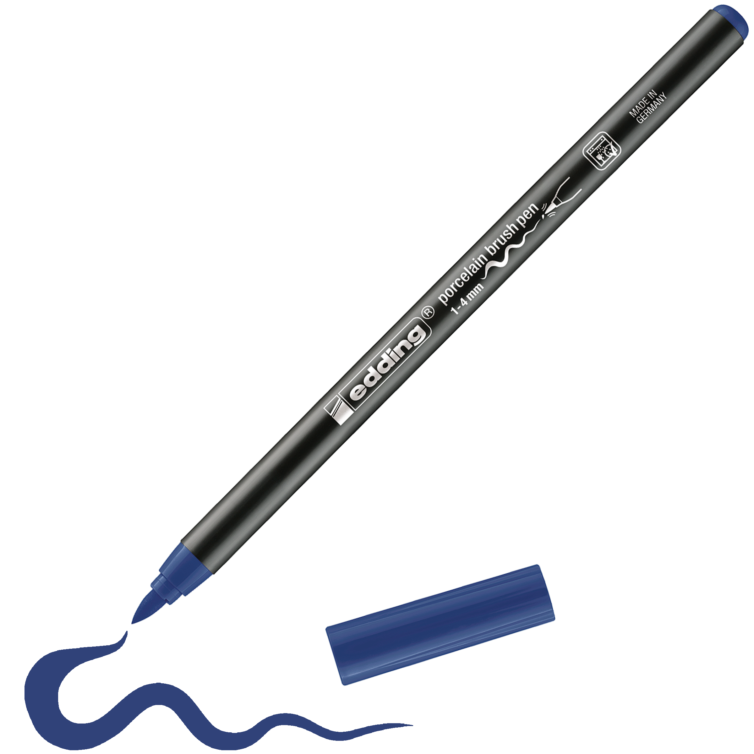 Ein blauer edding 4200 Porzellanpinselstift mit abgenommener Kappe liegt neben einer wellenförmigen blauen Linie, die er gezeichnet hat. Ideal für Keramik und Porzellan, dieser Edding-Stift (1-4 mm) ist spülmaschinenfest.