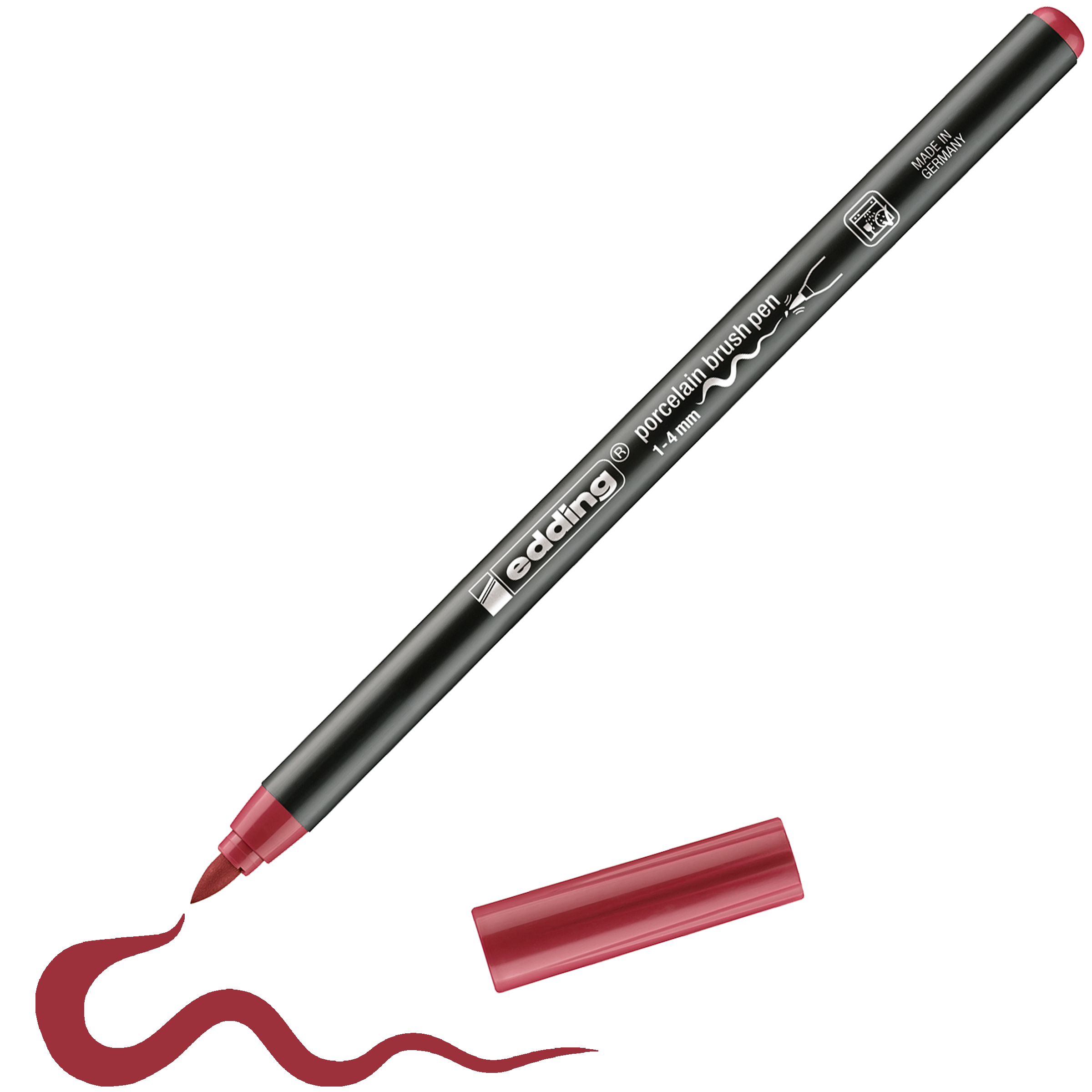 Der schwarze edding 4200 Porzellanpinselstift von edding mit rotbrauner Spitze und ohne Kappe zeichnet eine wellenförmige rote Linie – perfekt zum Dekorieren von Keramik und Porzellan. Die Tinte ist spülmaschinenfest für langlebige Designs.