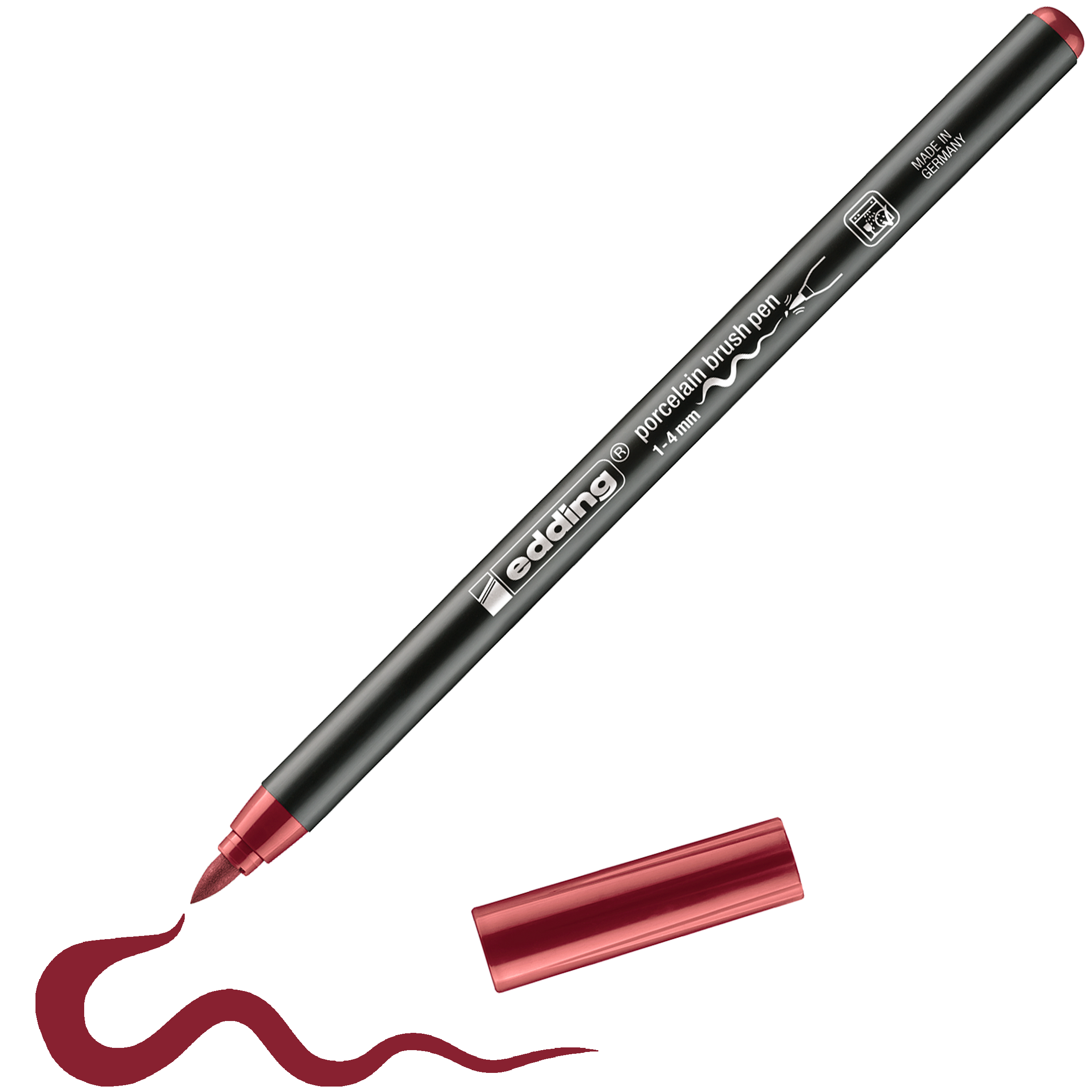 Abgebildet ist ein edding 4200 Porzellanpinselstift von edding in Schwarz mit roter Spitze und Kappe, die Kappe ist abgenommen und daneben befindet sich eine rote Wellenlinie – perfekt zum Keramik-Dekorieren und spülmaschinenfest für langlebige Designs.