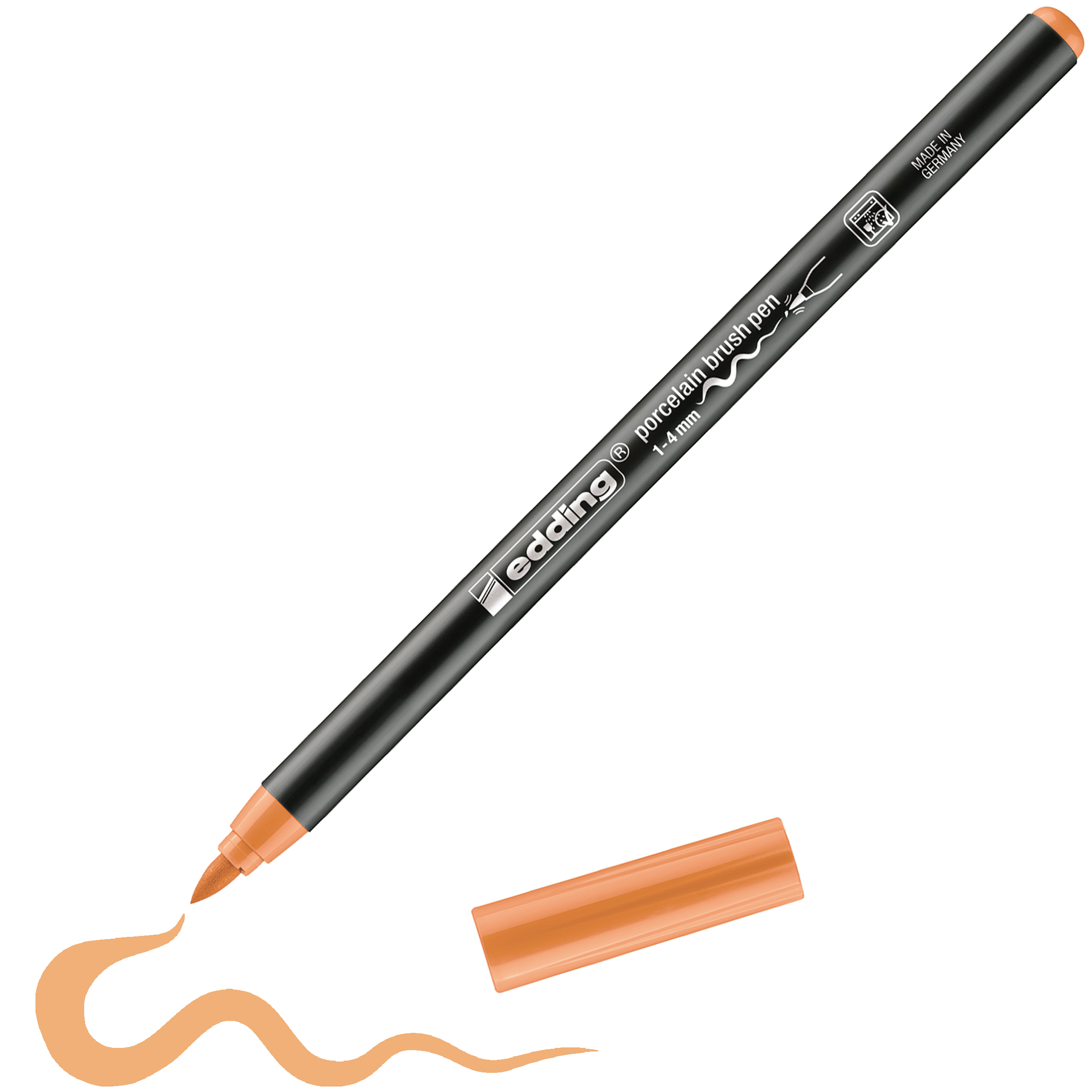 Ein schwarzer edding 4200 Porzellanpinselstift mit pfirsichfarbener Spitze und Kappe zeichnet eine wellenförmige pfirsichfarbene Linie auf Weiß. Ideal zum Keramik Dekorieren, dieser Edding Stift ist spülmaschinenfest. Die Kappe liegt in der Nähe.
