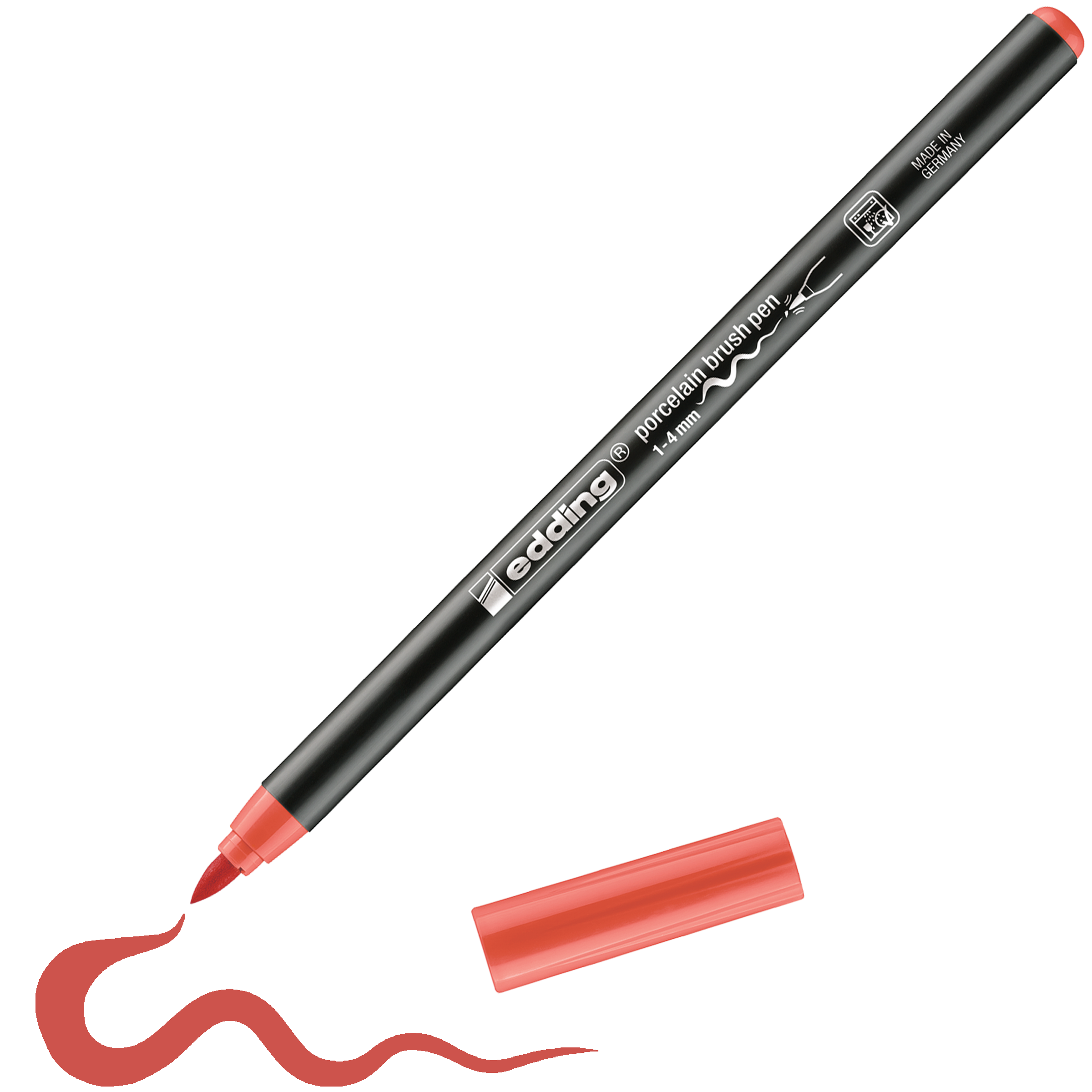 Der edding 4200 Porzellanpinselstift von edding, abgebildet mit roter Kappe und schwarzem Gehäuse, zeichnet eine wellenförmige rote Linie. Ideal zum Dekorieren von Keramik, sorgt sein spülmaschinenfestes Design für langanhaltende Dekorationsergebnisse.
