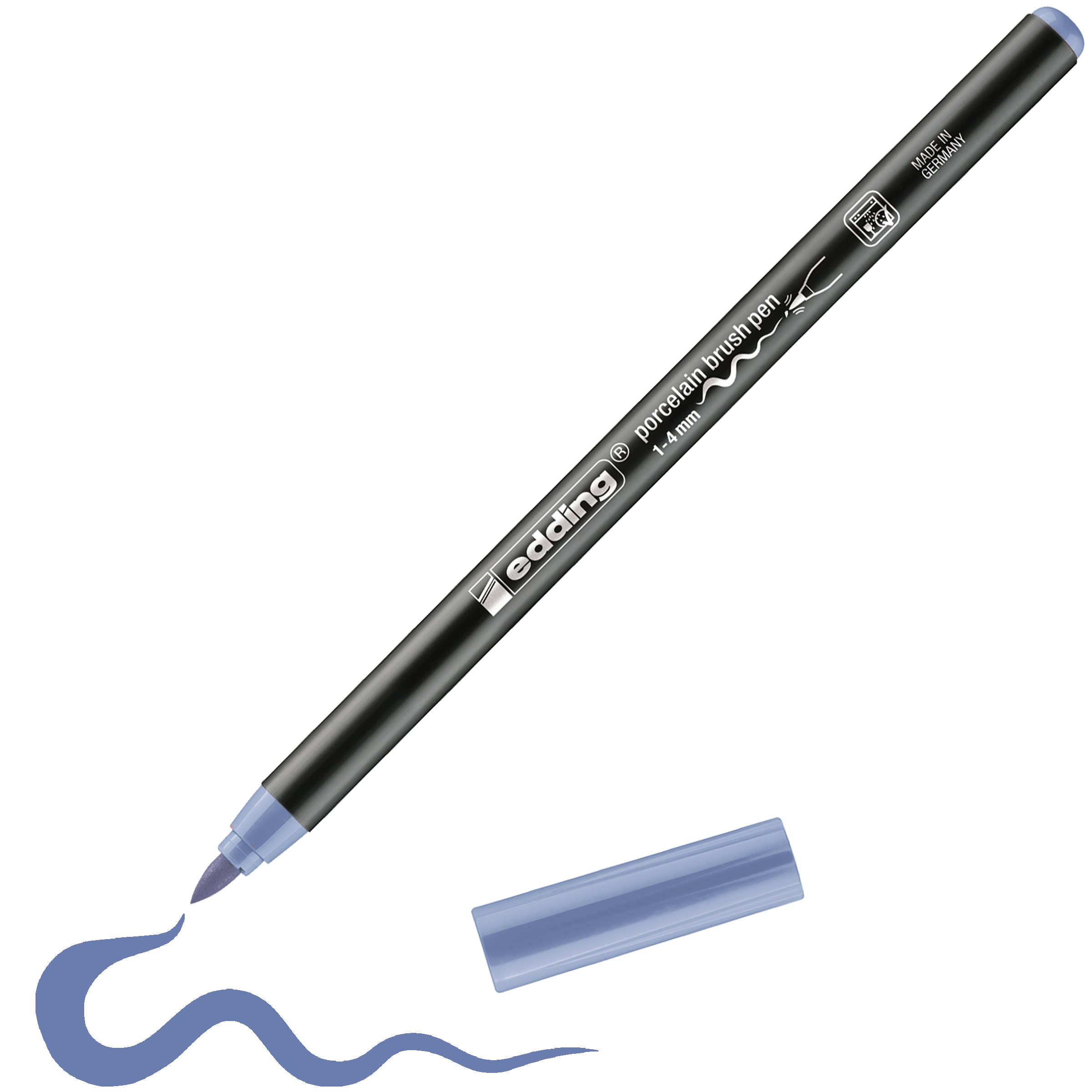 Ein schwarzer edding 4200 Porzellanpinselstift mit blauer Spitze zeichnet eine wellenförmige blaue Linie. Ideal zum Dekorieren von Keramik, die Kappe liegt eng an. Dieser edding Stift ist spülmaschinenfest und somit leicht zu reinigen.