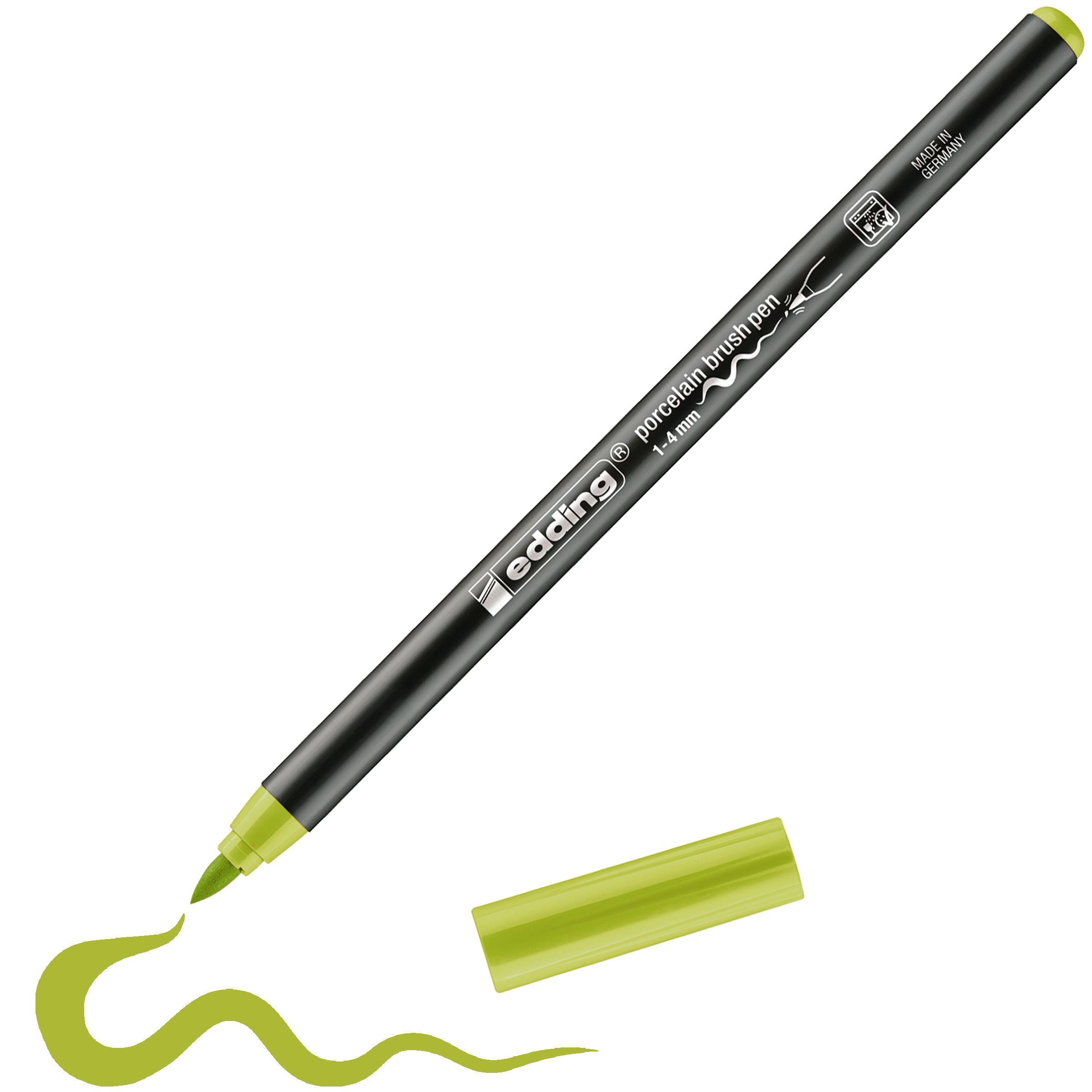 Ein schwarzer edding 4200 Porzellanpinselstift mit grüner Spitze zeichnet eine wellenförmige grüne Linie. Seine grüne Kappe befindet sich unter dem Stift – ideal zum Dekorieren von Keramik und für spülmaschinenfeste Ergebnisse.