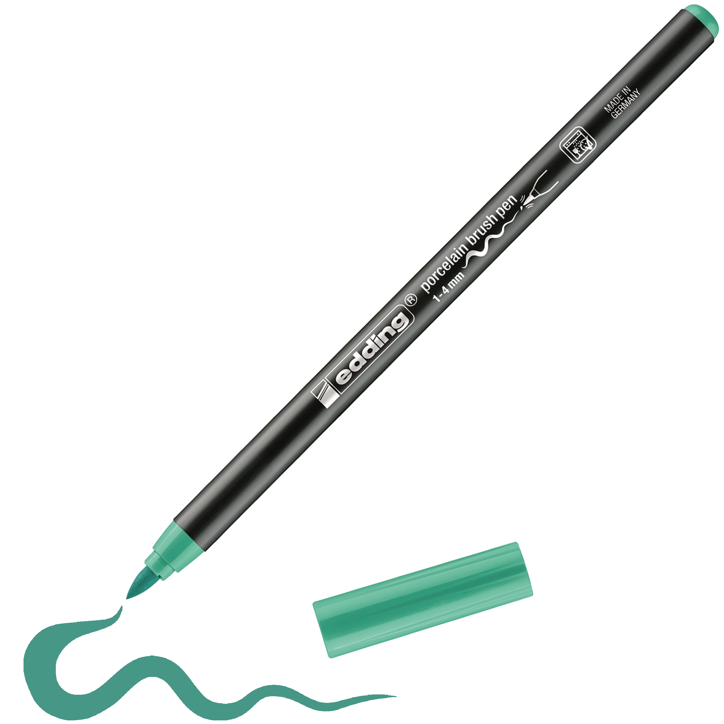 Der türkisfarbene edding 4200 Porzellanpinselstift von edding zeichnet ohne Kappe eine wellenförmige Linie auf Weiß – ideal zum Dekorieren von Keramik. Die passende Kappe liegt bei. Der Stift ist spülmaschinenfest und lässt sich leicht reinigen.