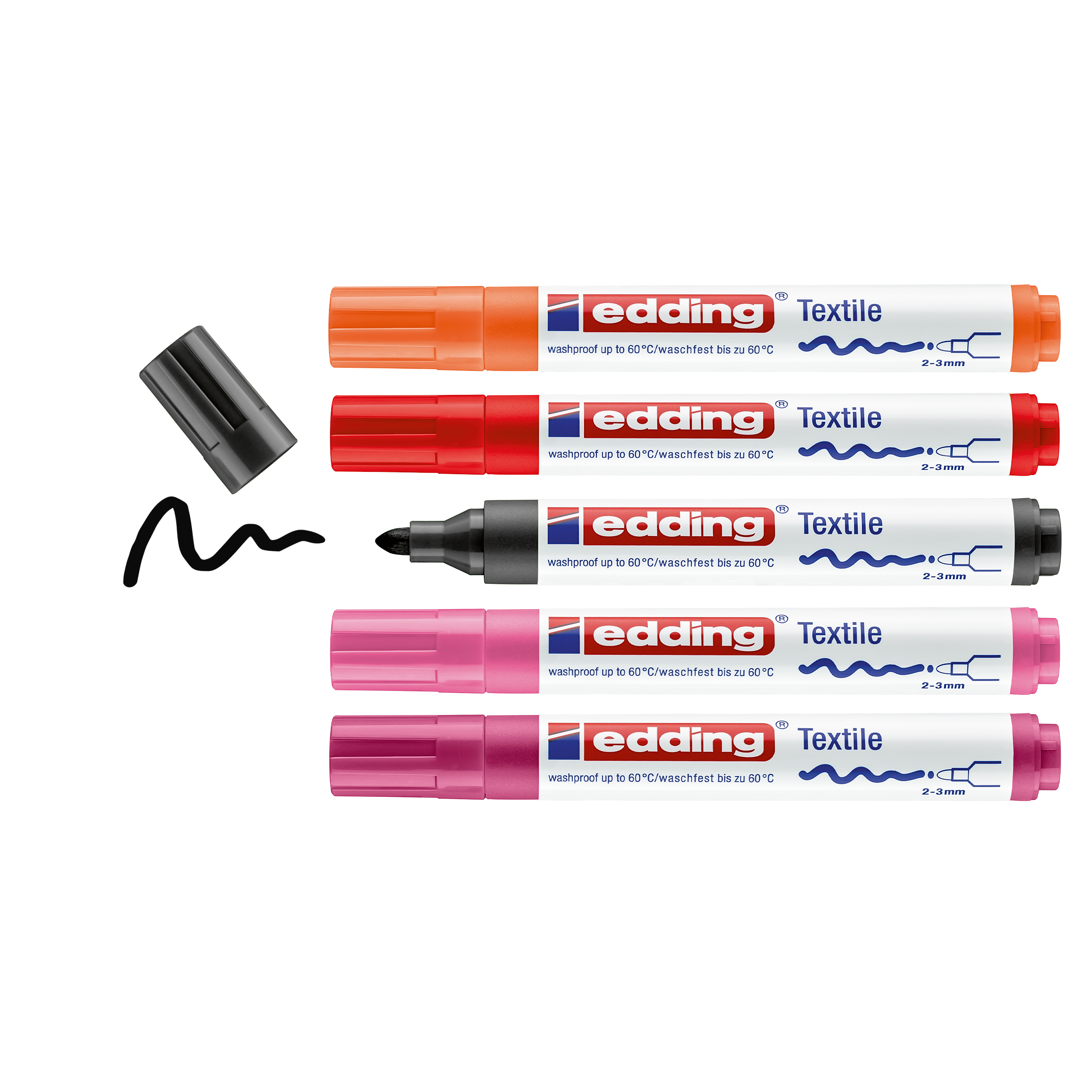 Das edding 4500 Textilmarker 5er-Set von edding zeigt vier Marker (orange, rot, pink, schwarz) mit gezogenen Wellenlinien und abgenommenen Kappen (außer orange), die orange Kappe liegt separat – ideal für kreative Textilgestaltung.