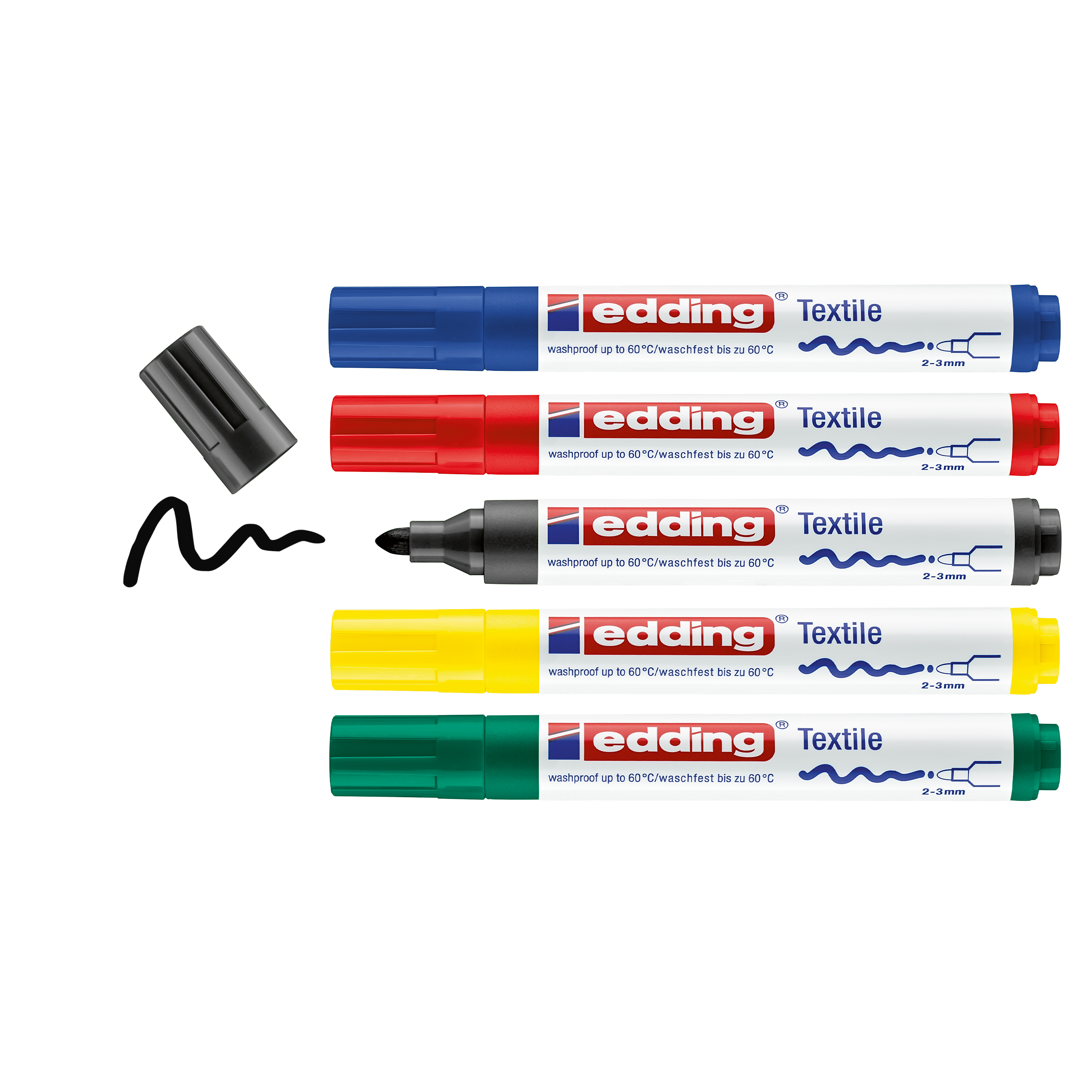 Vier edding 4500 Textilmarker – Rot, Gelb, Schwarz (ohne Kappe mit schwarzem Schnörkel) und Blau – sind in einer Reihe angeordnet. Ideal für Textilgestaltungen mit leuchtenden Farben. Das Set enthält 5 Farben.