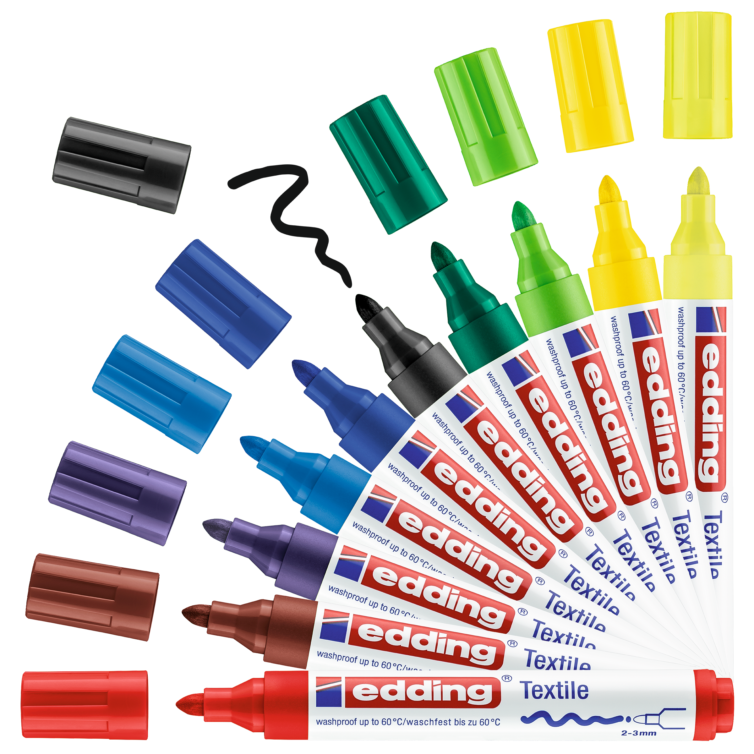 Zehn edding 4500 Textilmarker von edding präsentieren sich fächerförmig mit farbigen Kappen für kreative Textilgestaltungen. Neben einem Marker ist eine schwarze Schlangenlinie abgebildet.