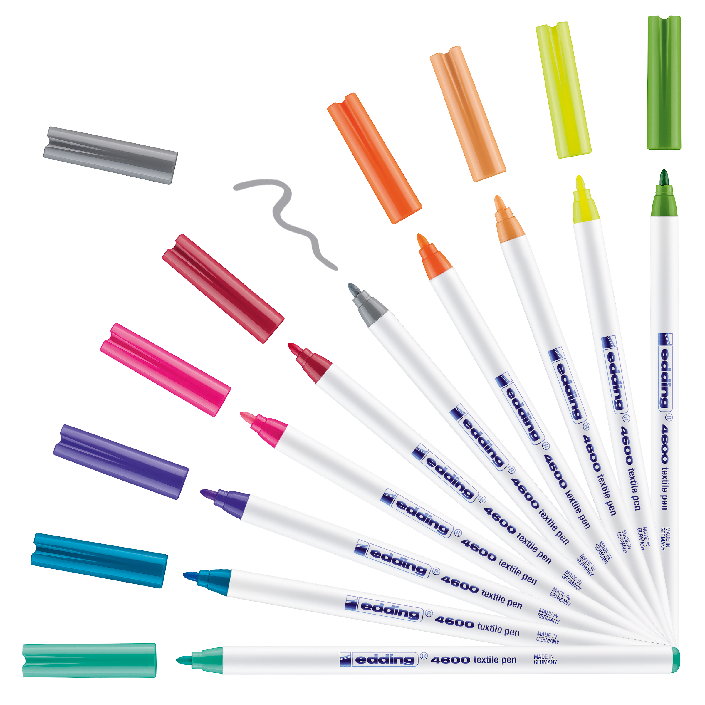 Zehn edding 4600 Textilstifte in leuchtenden Farben, jeweils mit passender Kappe – ideal für leuchtende Stoffdesigns. Dieses Set der Marke edding bietet alles, was Sie für farbenfrohe Textilgestaltung benötigen.