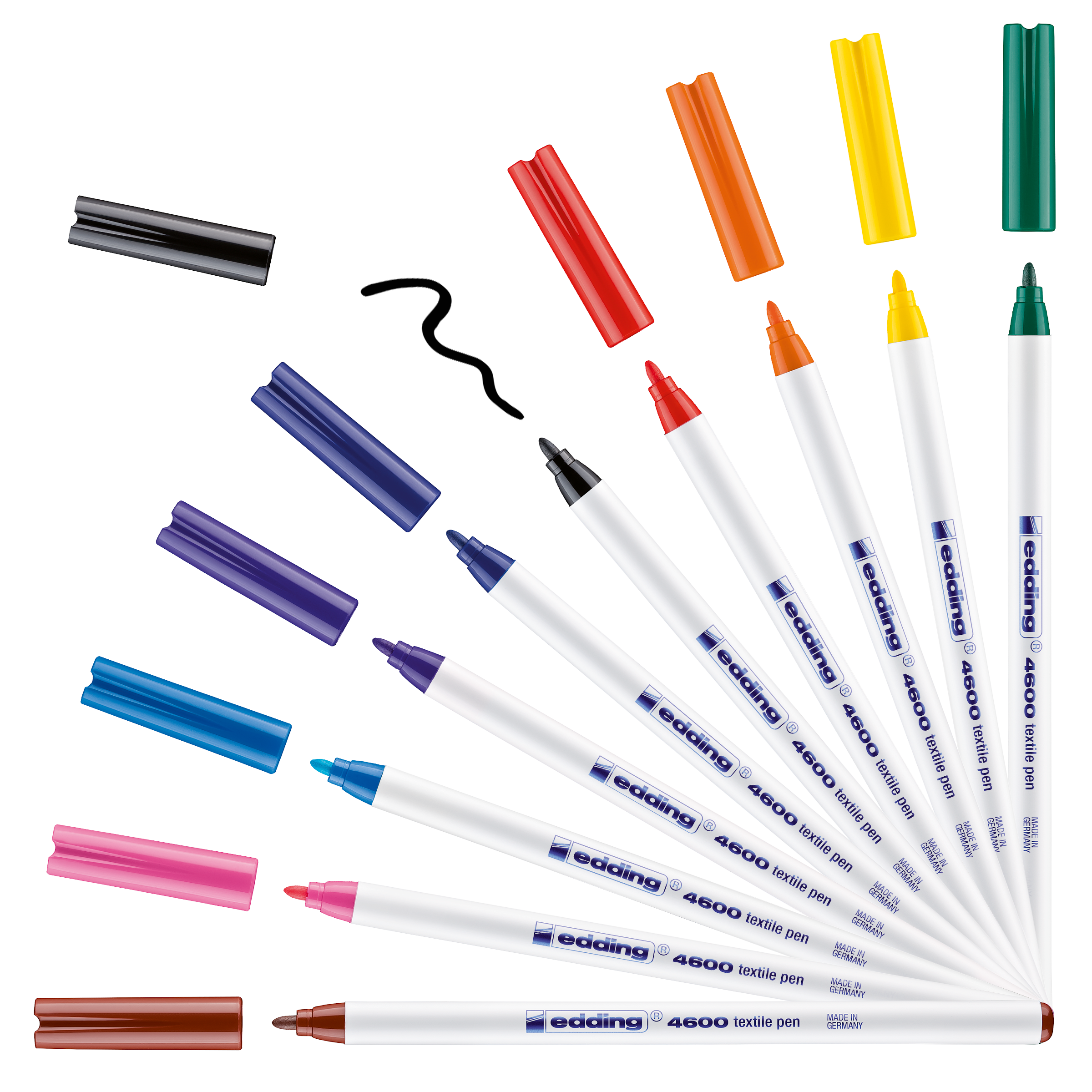 Das edding 4600 Textilstift 10er-Set von edding enthält zehn leuchtende Stoffmarker mit jeweils einer farbigen Spitze und passender Kappe in Farbtönen wie Schwarz, Braun, Pink, Blau, Lila, Rot, Orange, Gelb und Grün – ideal für kreative Textildesigns.