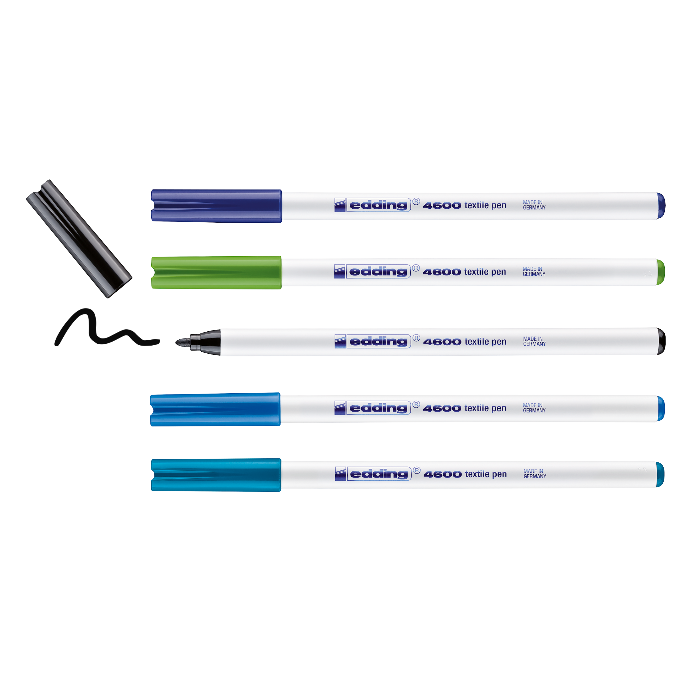 Das edding 4600 Textilstift 5er-Set von edding enthält fünf Textilmarker in Blau, Grün, Schwarz, Rot und Hellblau. Der schwarze Stift ohne Kappe zeichnet eine wellenförmige Linie – ideal für kreative Textilgestaltung. Hergestellt in Deutschland.