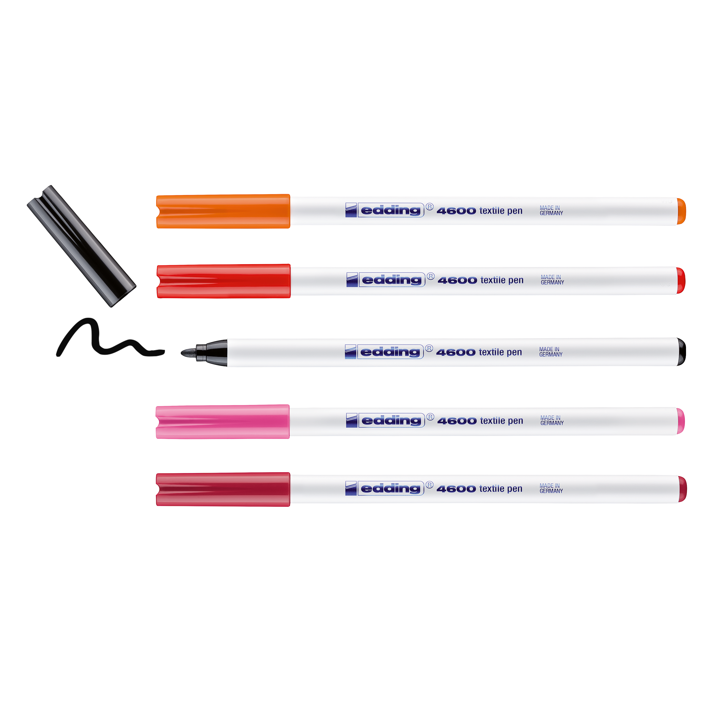 Das edding 4600 Textilstift 5er-Set von edding enthält fünf Textilstifte für kreative Gestaltung in Orange, Rot, Pink und Schwarz. Der schwarze Stift ist offen und zeichnet eine Wellenlinie; alle anderen sind mit einer Kappe versehen. Made in Germany.
