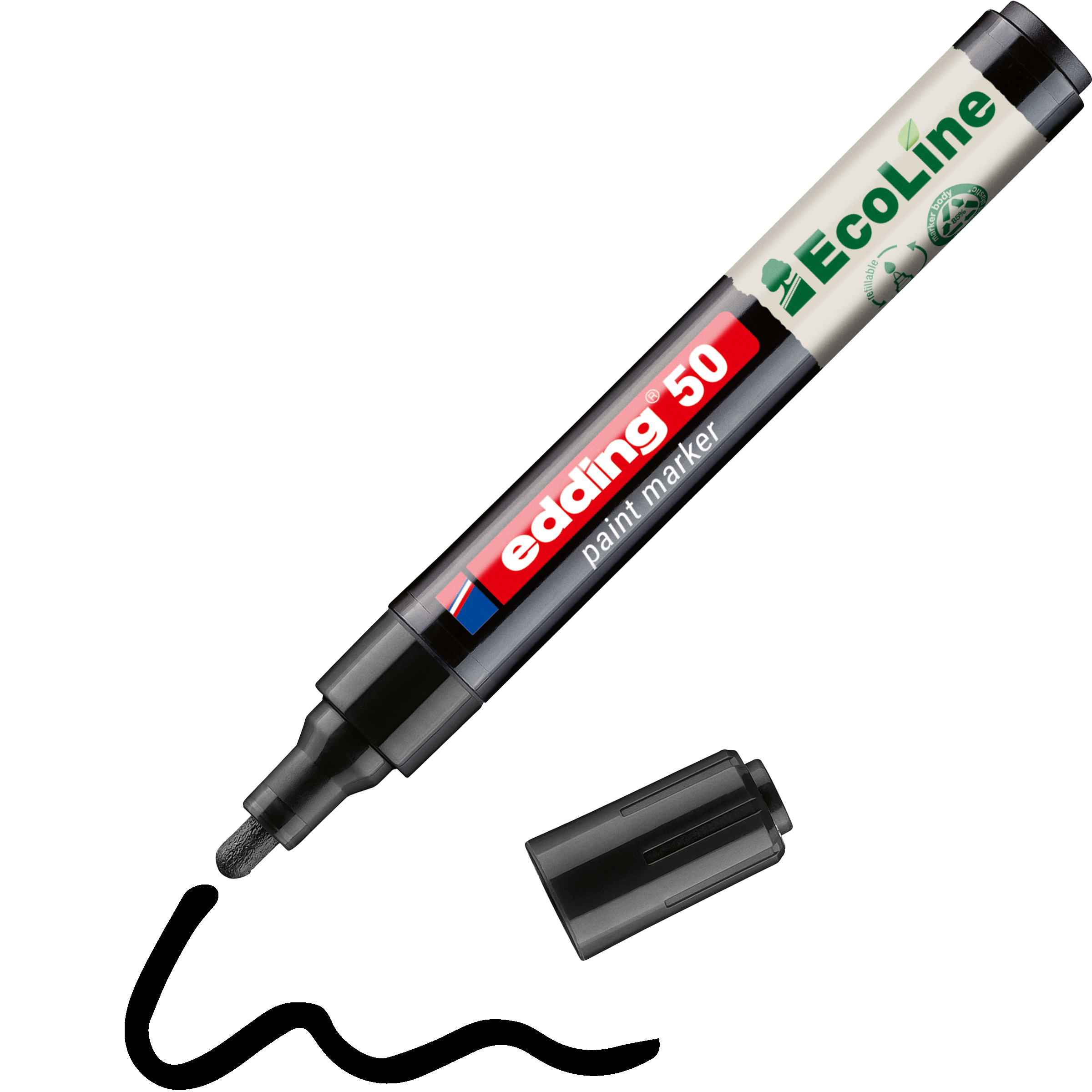 Neben dem Marker liegt ein schwarzer edding 50 EcoLine Lackmarker, wasserbasiert, dessen Kappe entfernt wurde. Auf dem Etikett sind die Keilspitze und das EcoLine-Branding zu sehen.