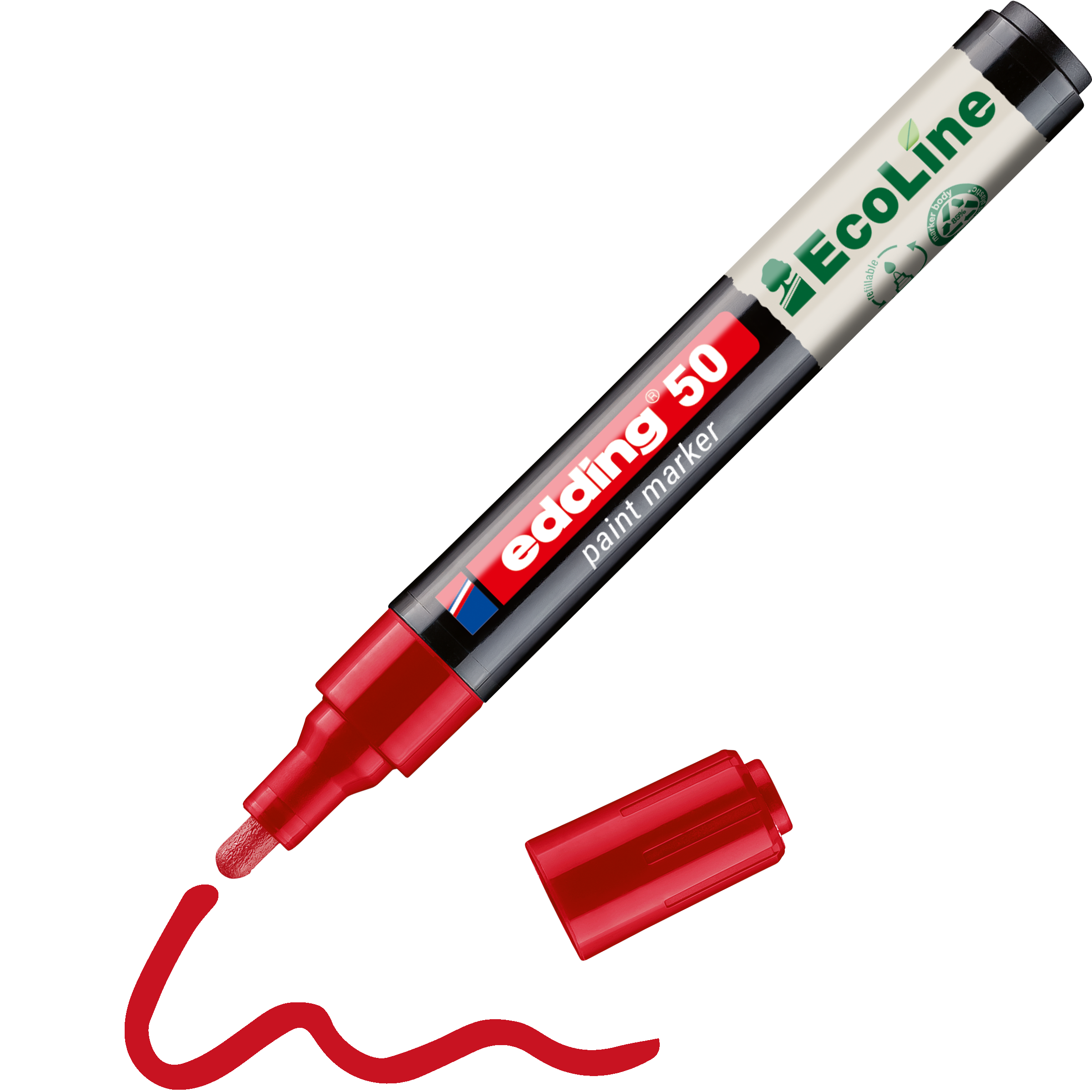 Ein daneben liegender, abgenommener edding 50 EcoLine Lackmarker, wasserbasiert von edding wird schräg gehalten und zeichnet eine rote Wellenlinie.