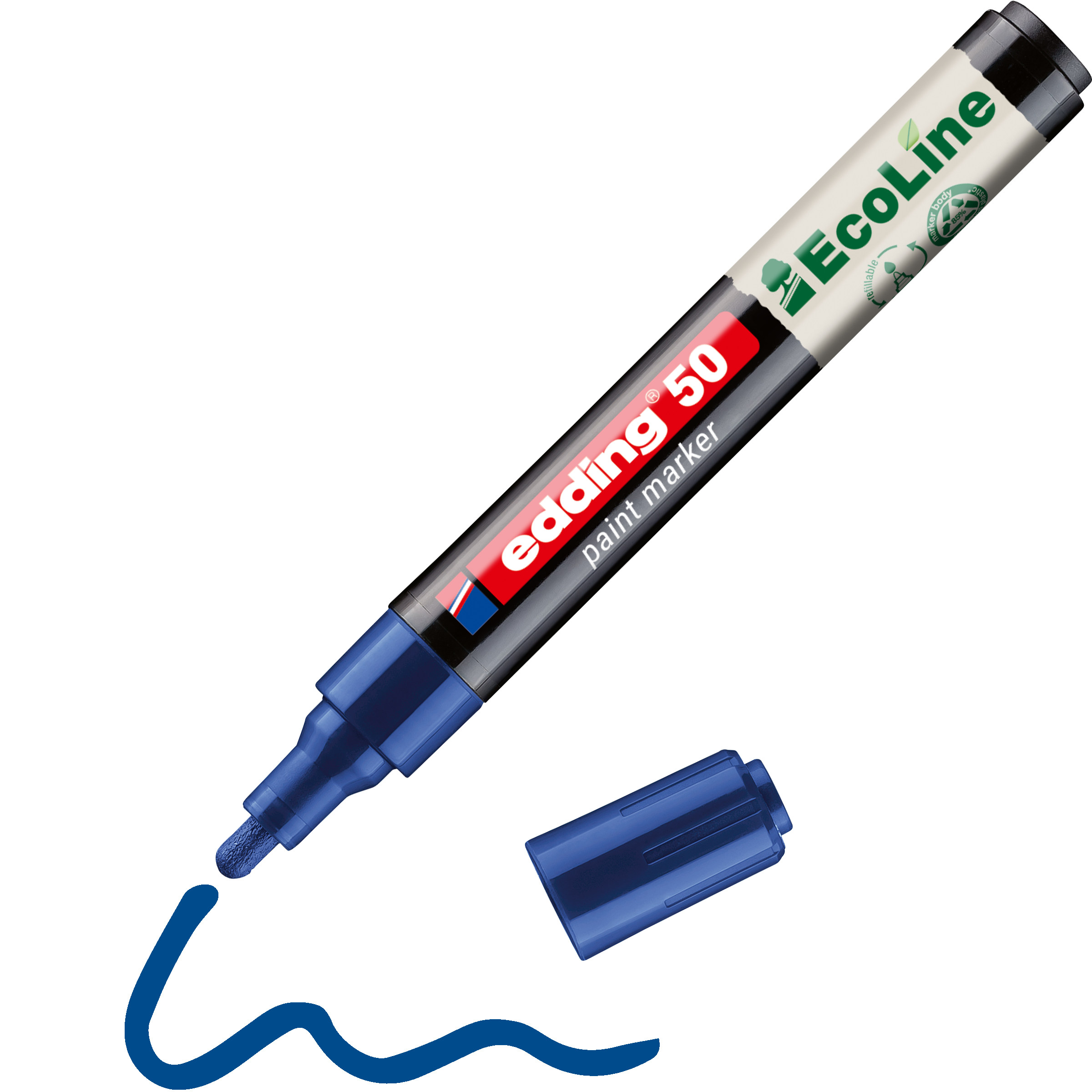 Bei einem blauen edding 50 EcoLine Lackmarker, wasserbasiert, ist die Spitze ohne Kappe sichtbar, darunter verläuft eine blaue Wellenlinie. Die Kappe des umweltfreundlichen Markers liegt daneben.