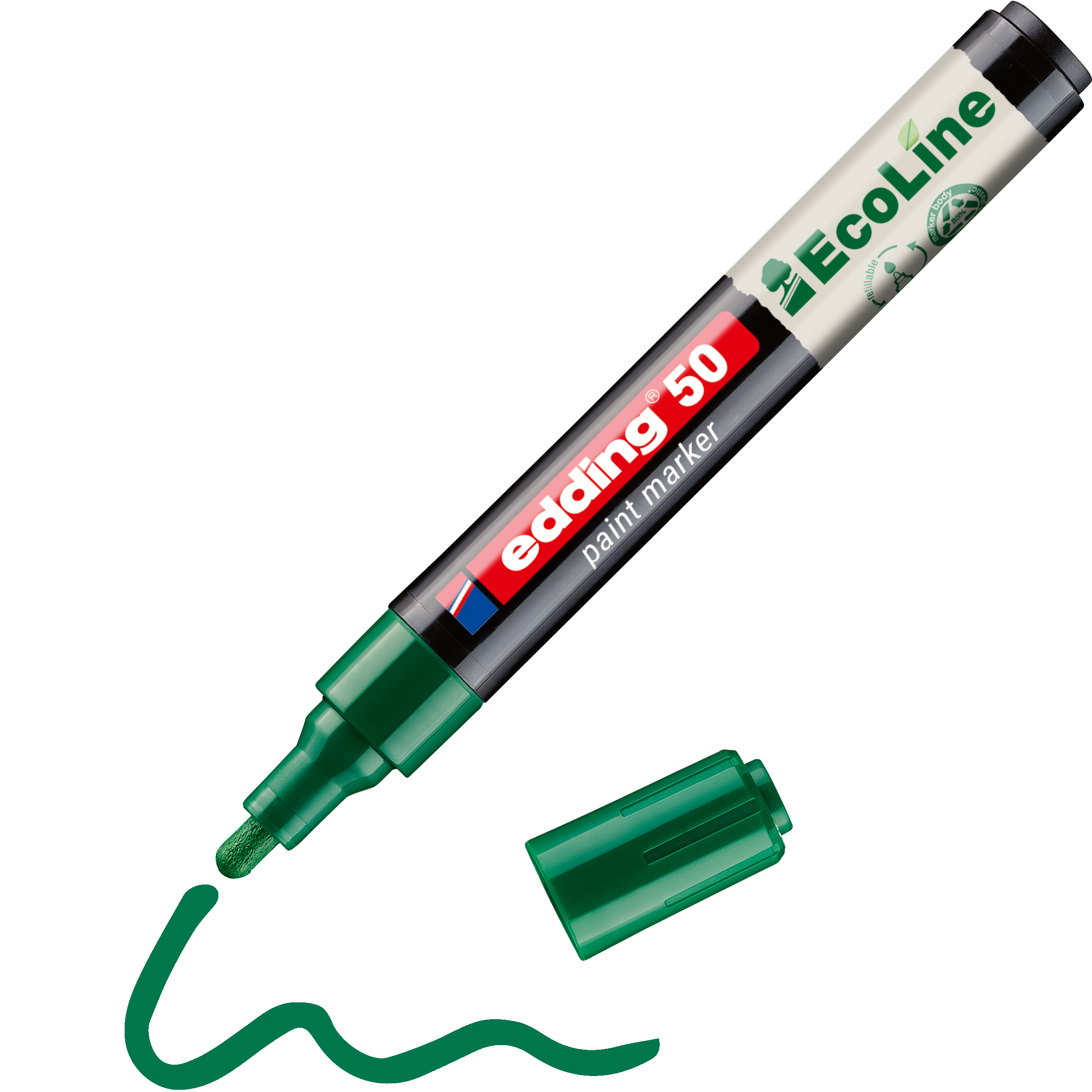 Ein edding 50 EcoLine Lackmarker, wasserbasiert, von edding zeichnet mit abgenommener Kappe eine wellenförmige grüne Linie. Marker und Kappe liegen auf weißem Untergrund.