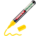 Der gelbe edding 50 EcoLine Lackmarker, wasserbasiert von edding ist ohne Kappe abgebildet. Dadurch sind die Spitze und eine gelbe Wellenlinie darunter sichtbar. Der umweltfreundliche Marker liegt diagonal auf weißem Untergrund.