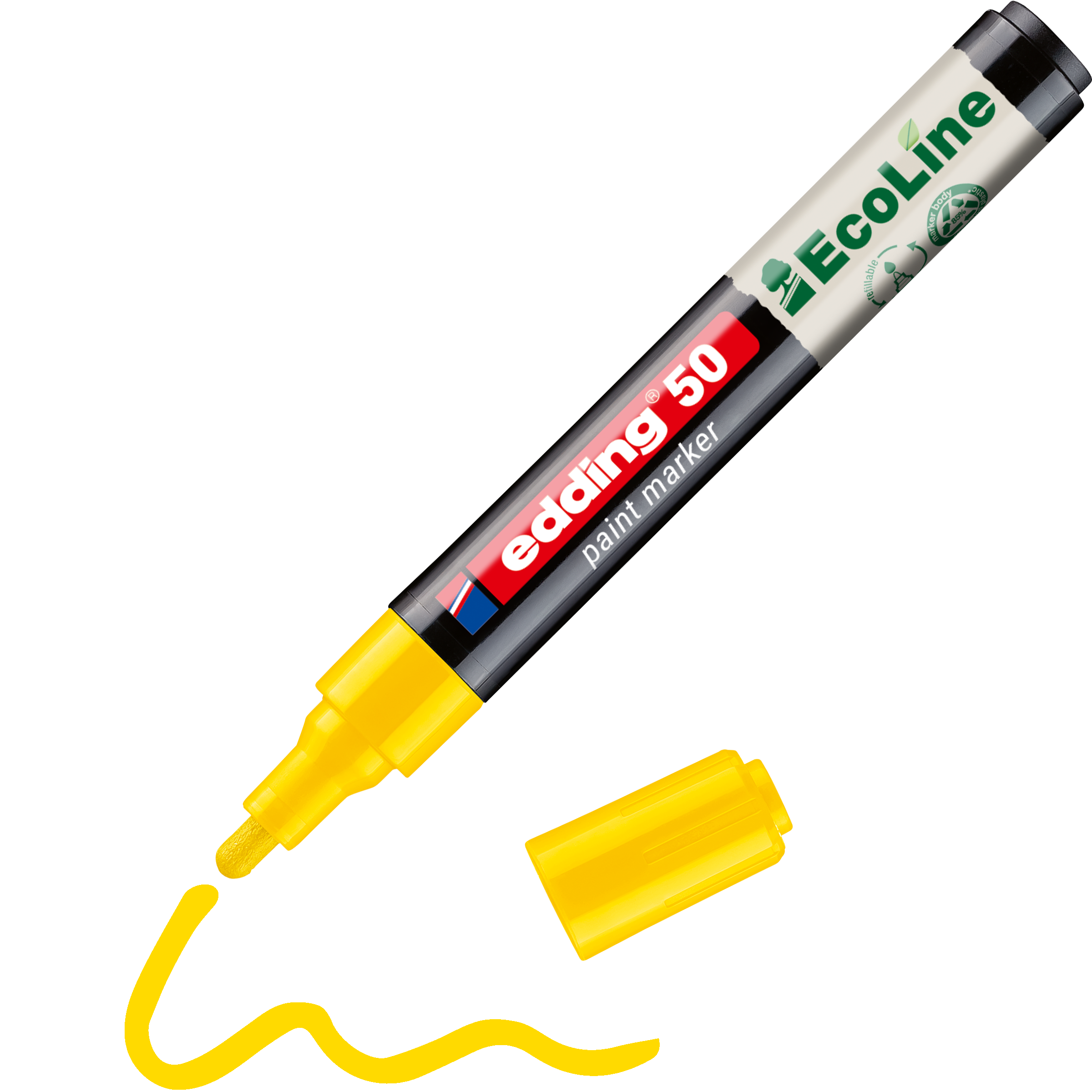 Der gelbe edding 50 EcoLine Lackmarker, wasserbasiert von edding ist ohne Kappe abgebildet. Dadurch sind die Spitze und eine gelbe Wellenlinie darunter sichtbar. Der umweltfreundliche Marker liegt diagonal auf weißem Untergrund.