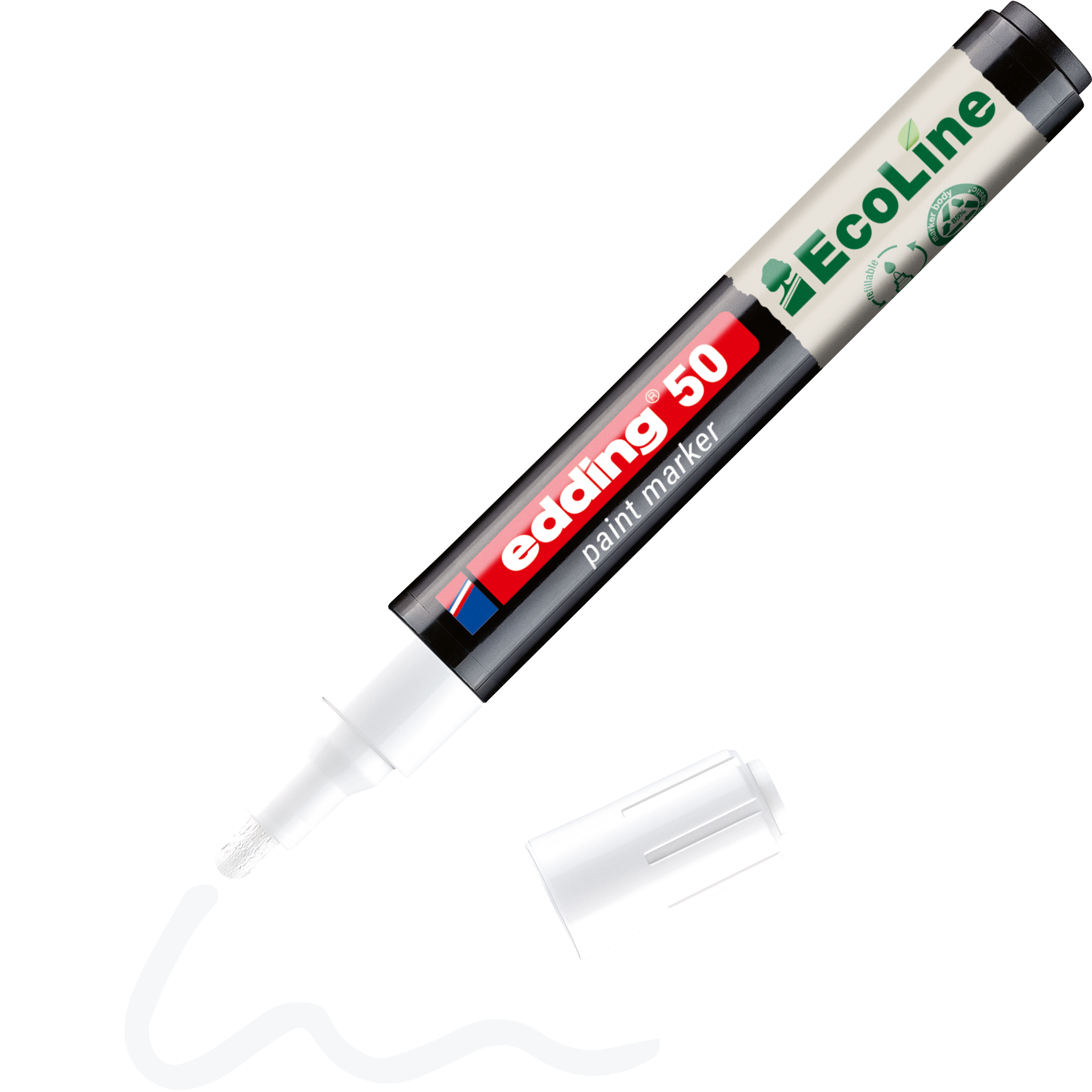 Ein weißer edding 50 EcoLine Lackmarker, wasserbasiert, ohne Kappe und zum Zeichnen einer wellenförmigen weißen Linie – eine umweltfreundliche Option von edding für präzises und umweltbewusstes Markieren.