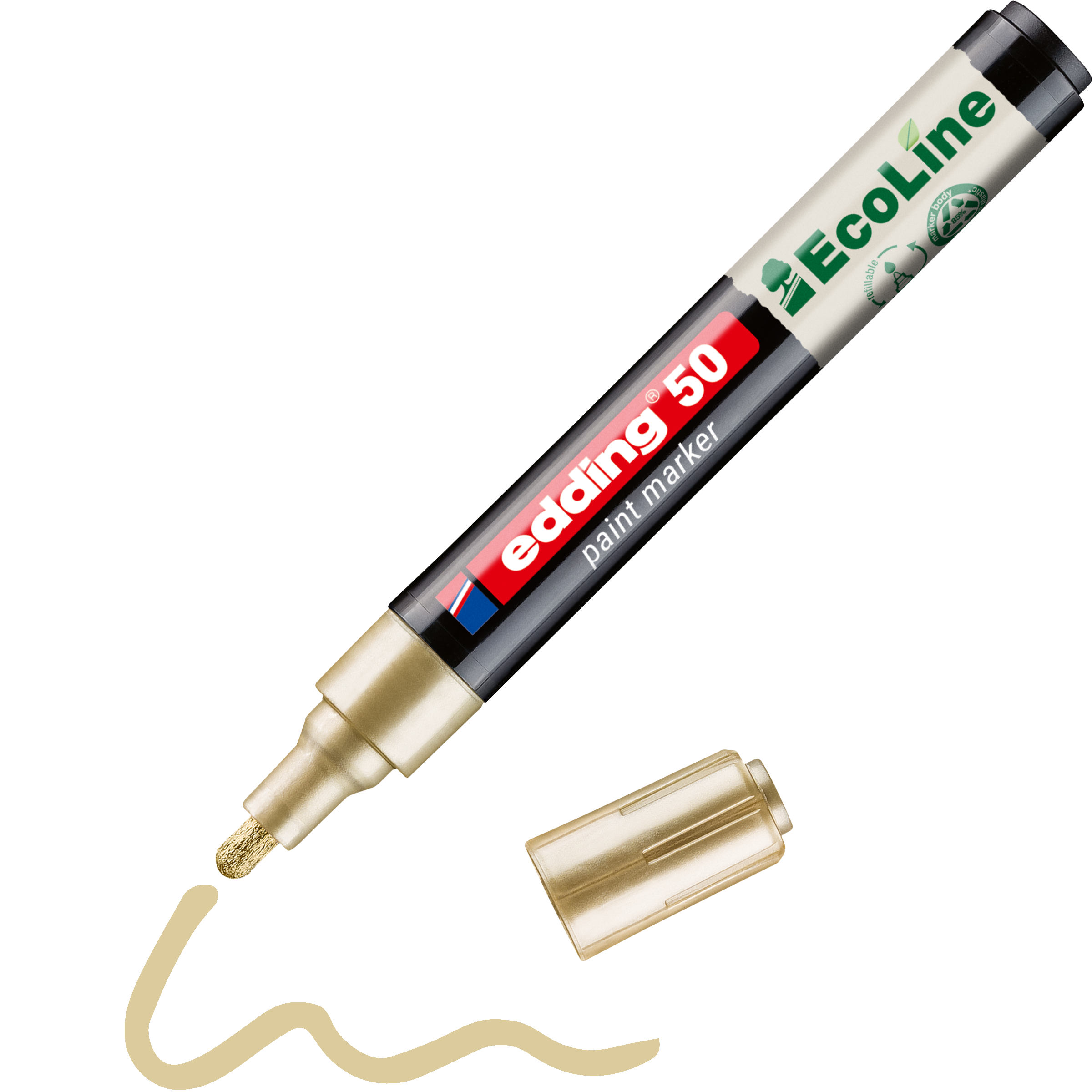 Ein edding 50 EcoLine Lackmarker, wasserbasiert, zeichnet mit abgenommener Goldkappe eine wellenförmige Goldlinie. Der Marker mit der Aufschrift „EcoLine“ und „edding“ liegt neben der umweltfreundlichen Kappe.