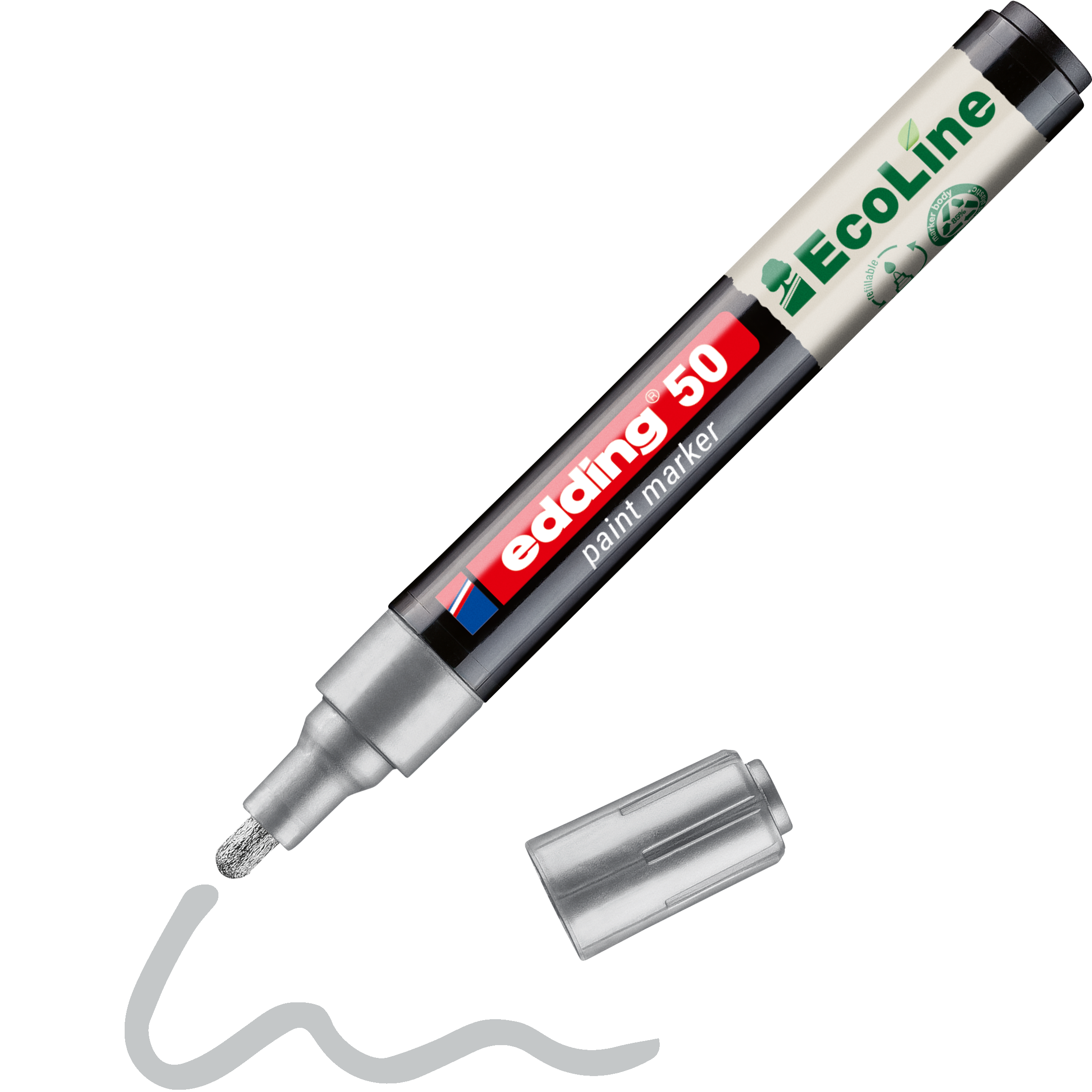 Ein edding 50 EcoLine Lackmarker, wasserbasiert, liegt ohne Kappe neben einer von ihm gezeichneten grauen Wellenlinie. Sein Gehäuse ist mit grün-rotem Branding versehen, was das umweltfreundliche Design des Markers von edding unterstreicht.
