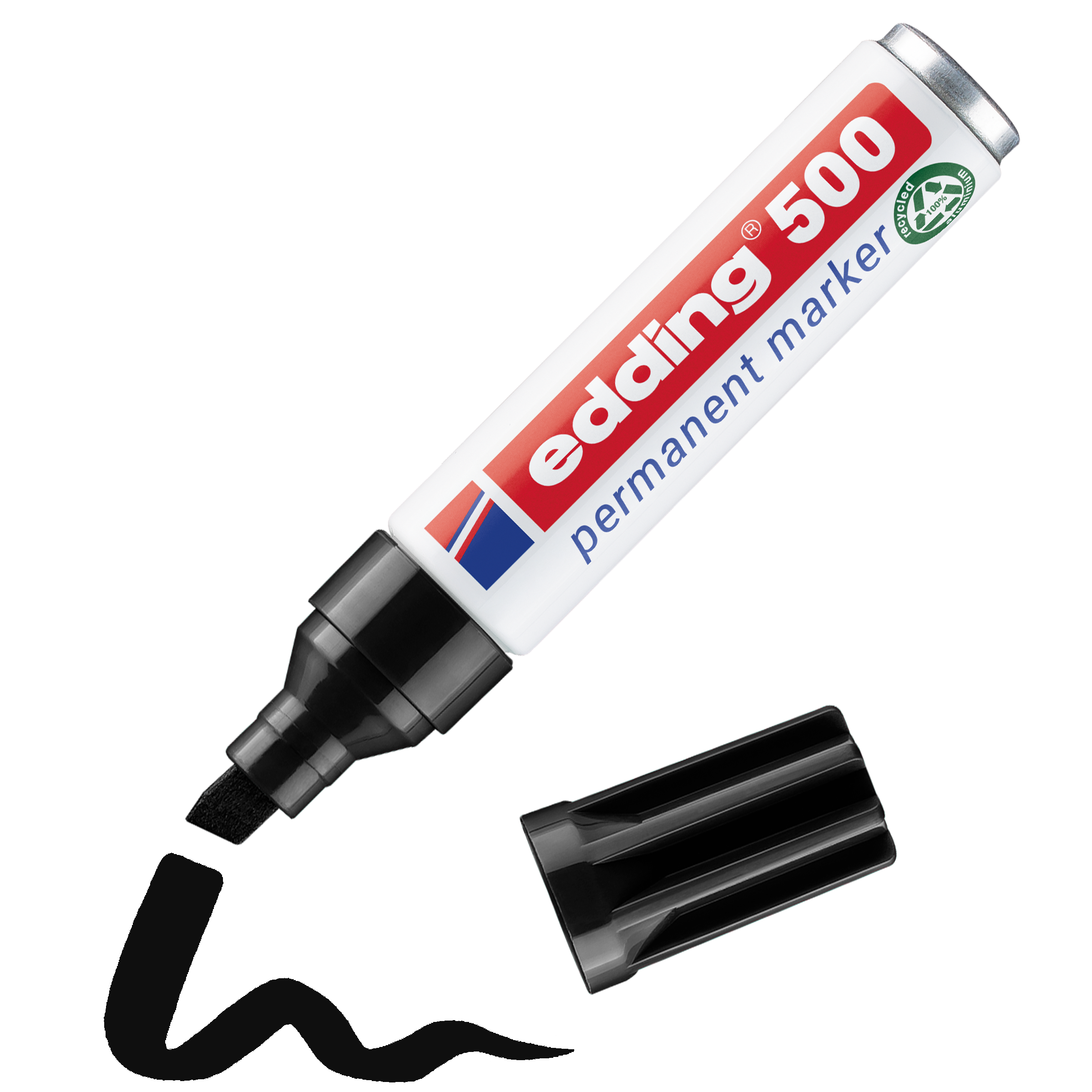 edding 500 Permanentmarker in schwarz mit offener Kappe und einem gemaltem Strich