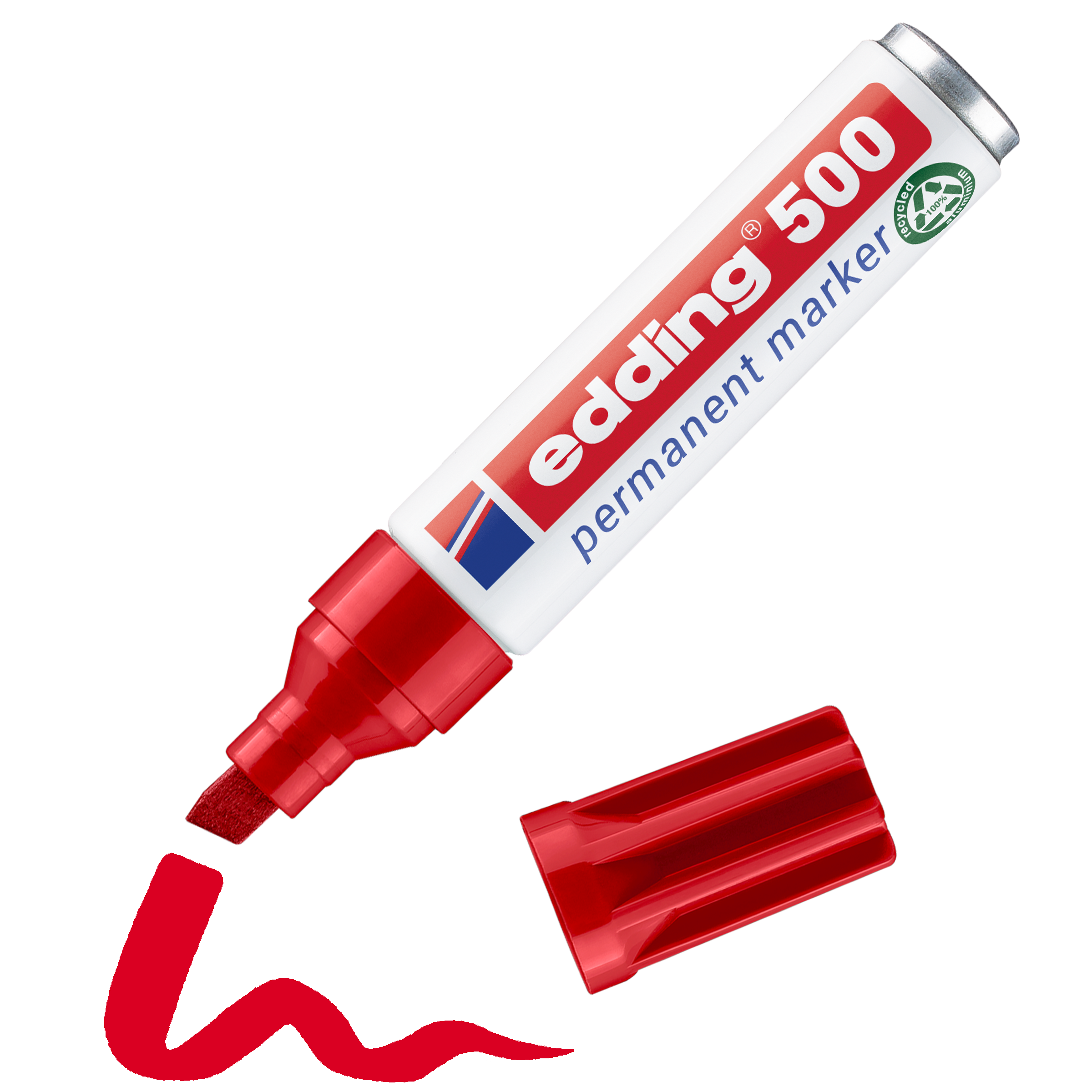 edding 500 Permanentmarker in rot mit offener Kappe und einem gemaltem Strich