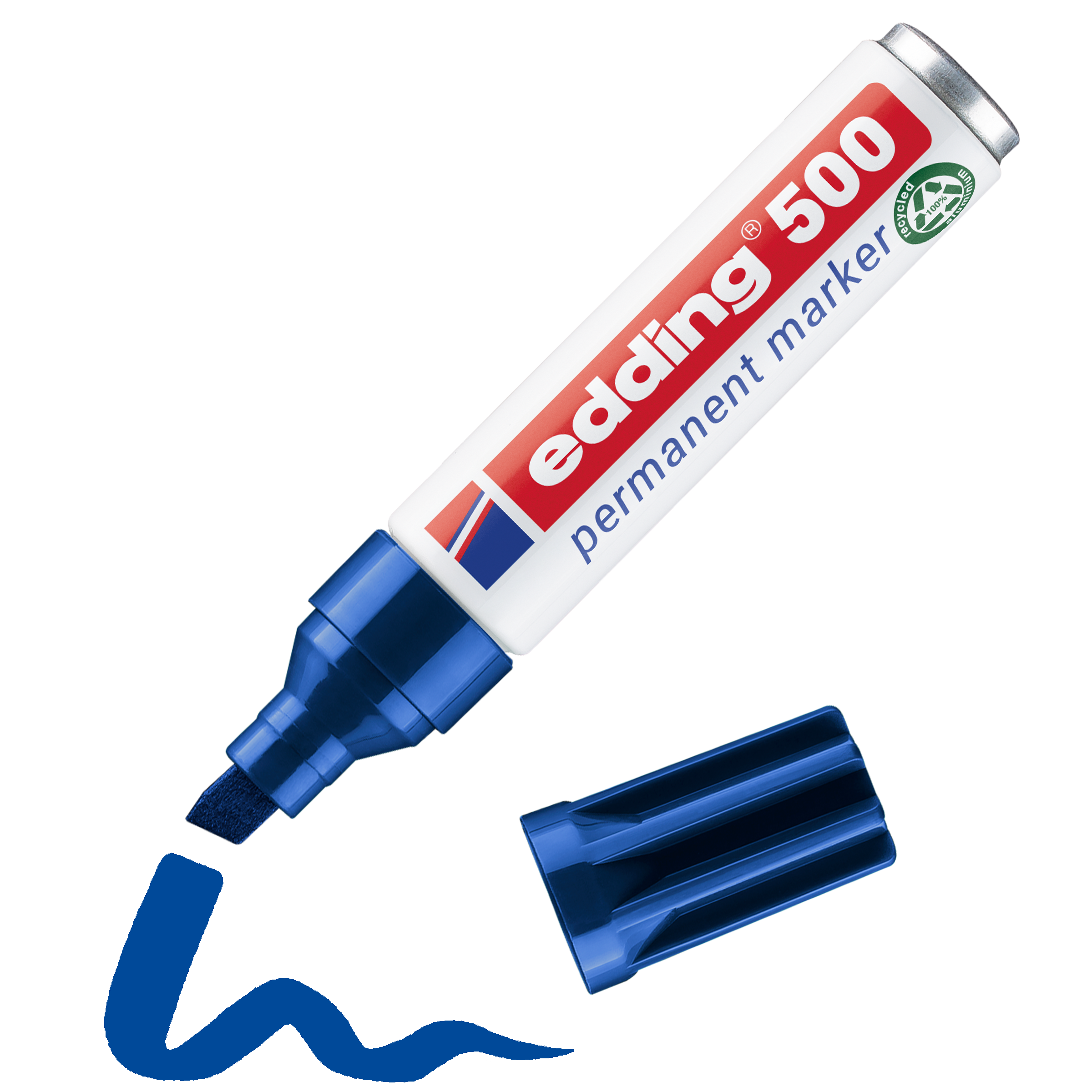 edding 500 Permanentmarker in blau mit offener Kappe und einem gemaltem Strich