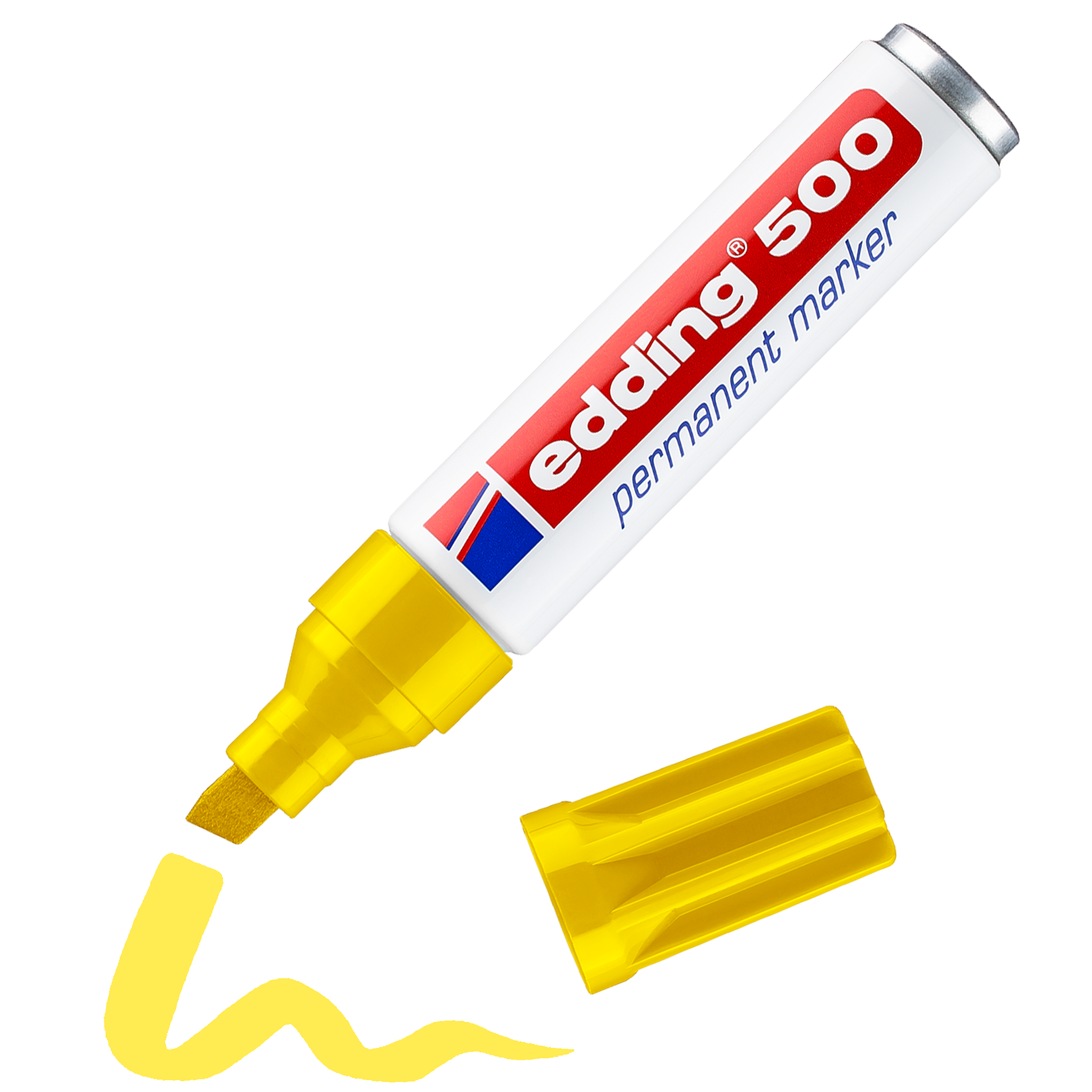 edding 500 Permanentmarker in gelb mit offener Kappe und einem gemaltem Strich