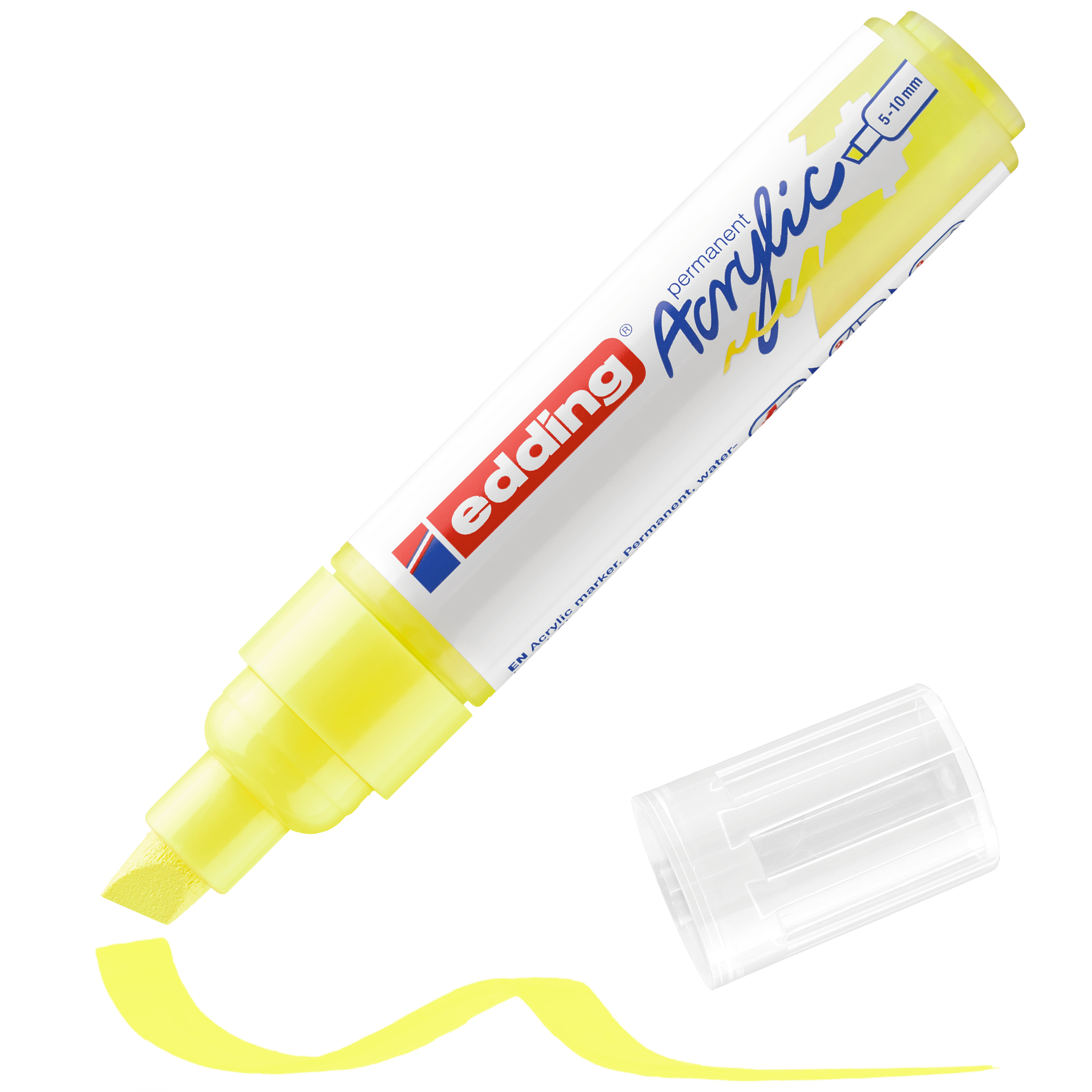 Ein gelber edding 5000 Acrylmarker breit ohne transparente Kappe offenbart eine Keilspitze. Abgewinkelt zeichnet er eine wellenförmige gelbe Linie. Das Etikett trägt den Schriftzug „edding Acrylic 5000“ und verwendet hochpigmentierte Tinte für brillante Ergebnisse.