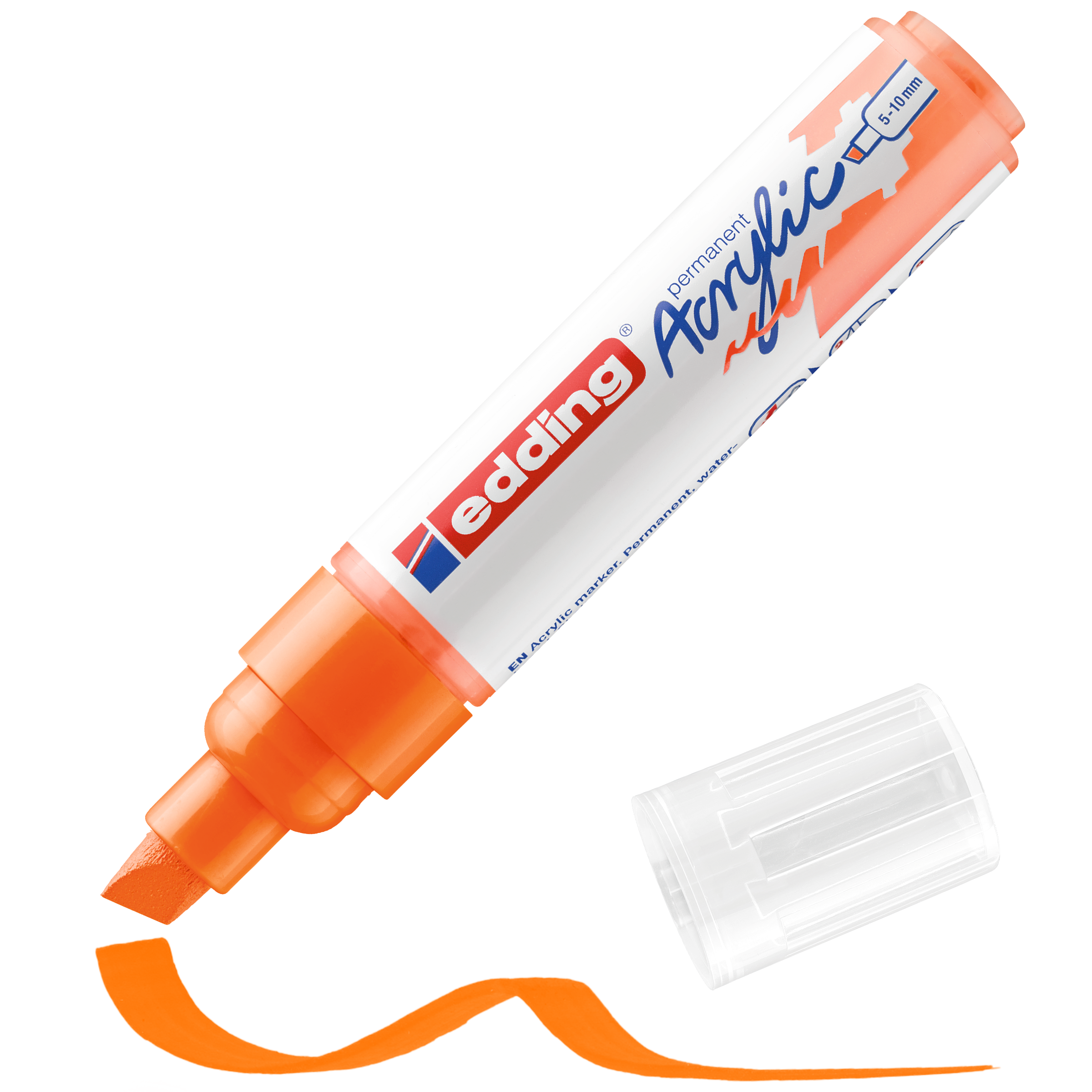 Ein orangefarbener edding 5000 Acrylmarker breit ohne Kappe gibt den Blick auf die Keilspitze frei. Er hat mit hochpigmentierter Tinte eine orangefarbene Wellenlinie gezeichnet, und die durchsichtige Kappe befindet sich neben dem Marker.